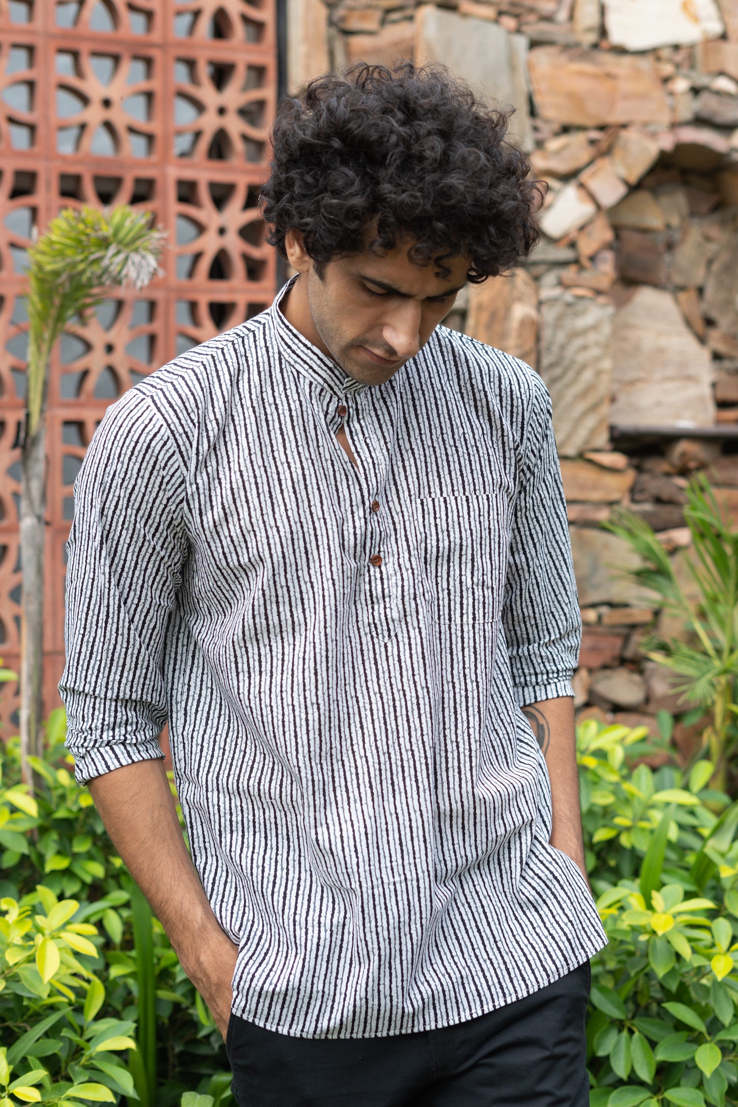 The White And Black Tribal Stripe Print Short Kurta