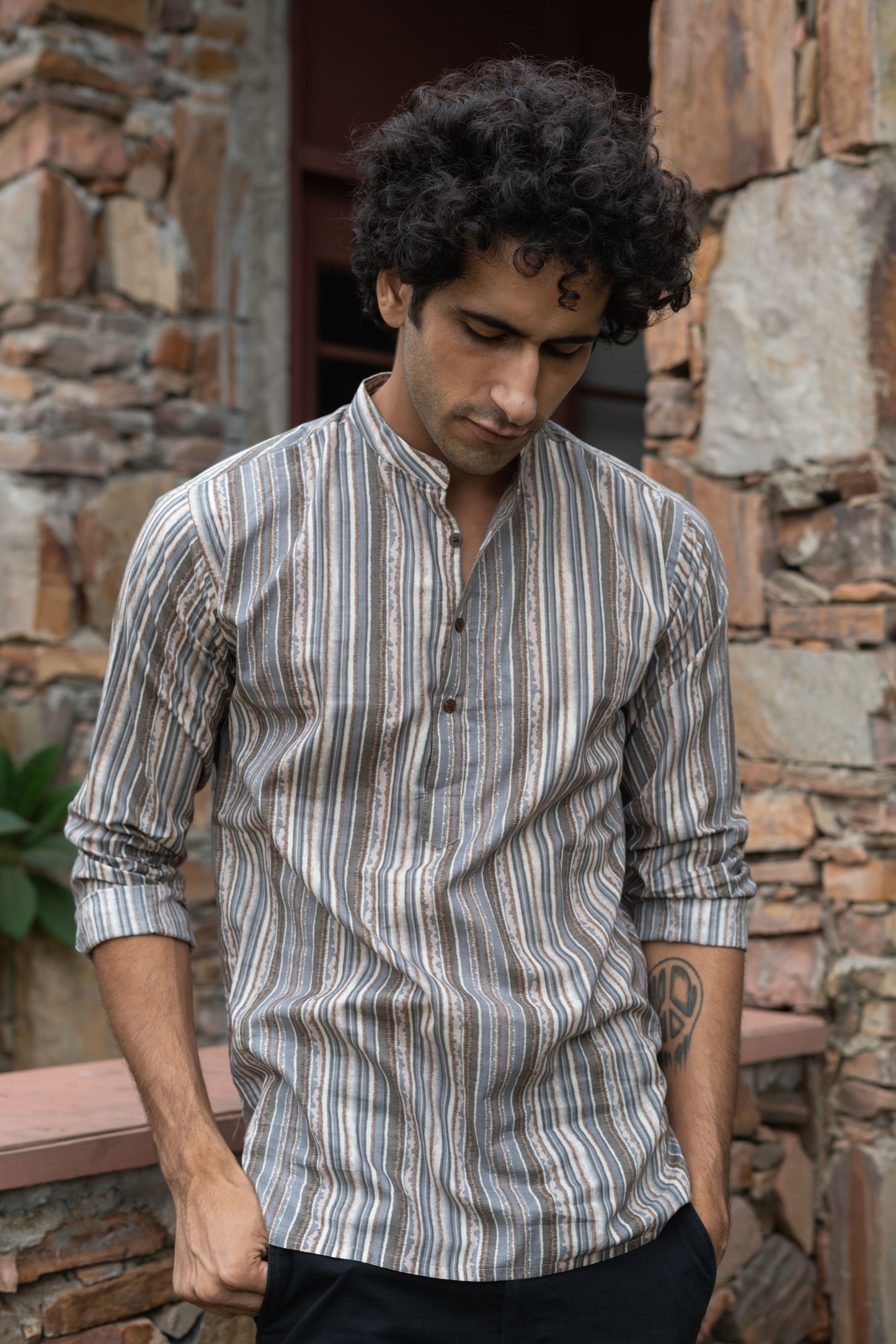 The Beige Tribal Stripe Print Short Kurta
