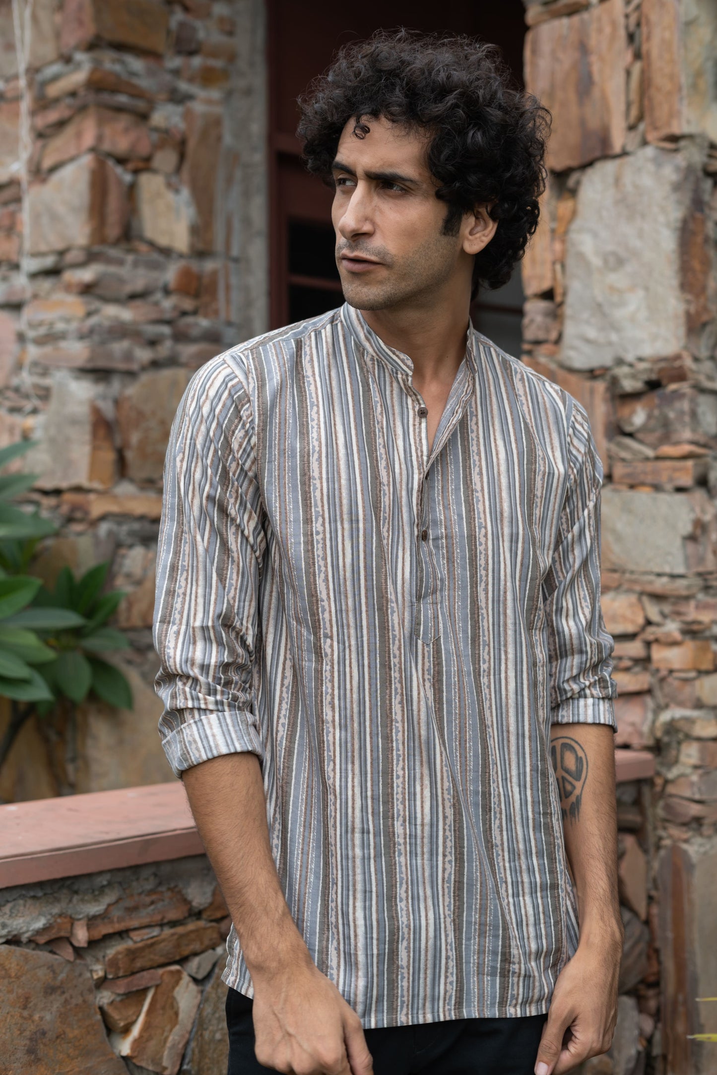 The Beige Tribal Stripe Print Short Kurta