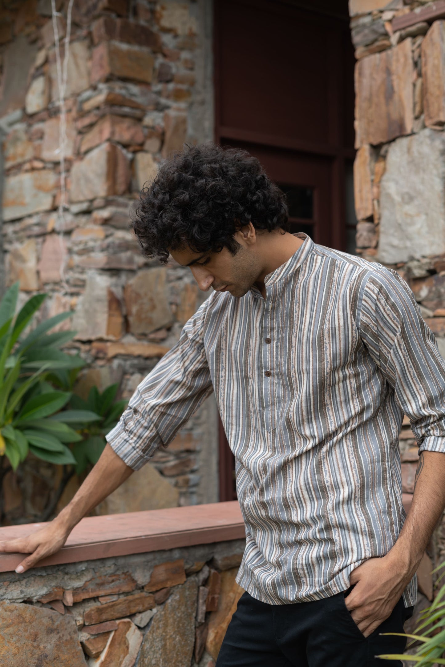 The Beige Tribal Stripe Print Short Kurta