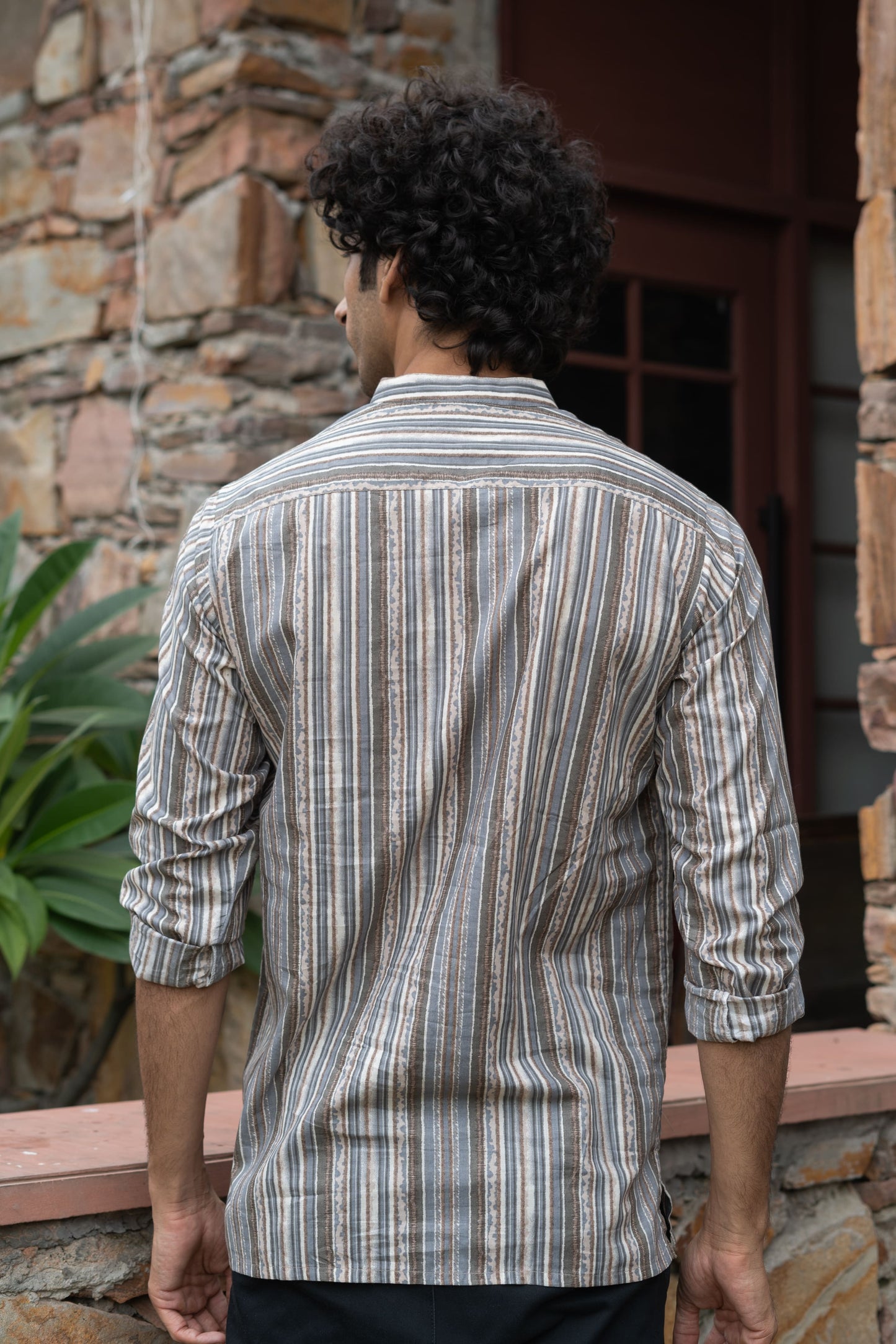 The Beige Tribal Stripe Print Short Kurta