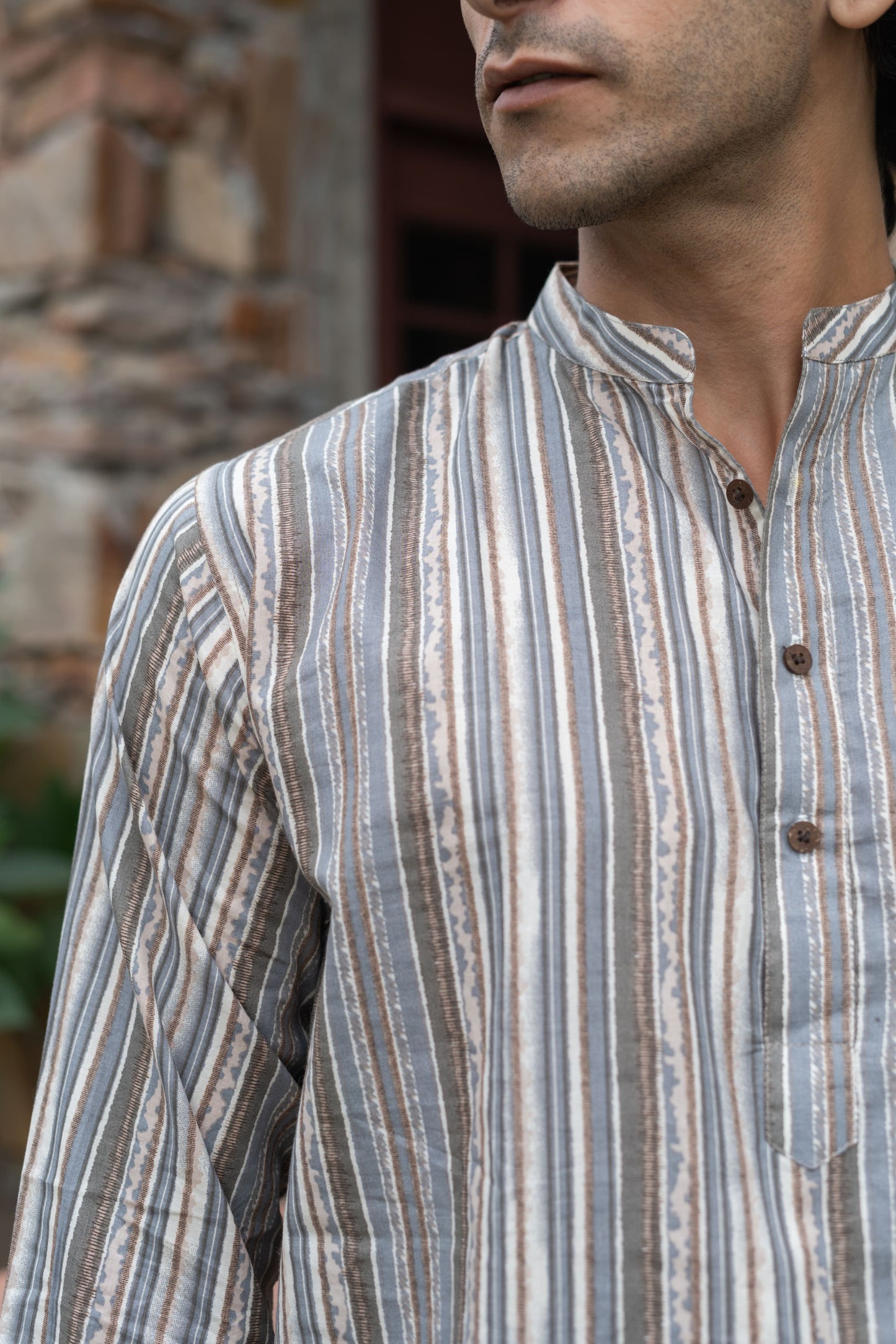 The Beige Tribal Stripe Print Short Kurta