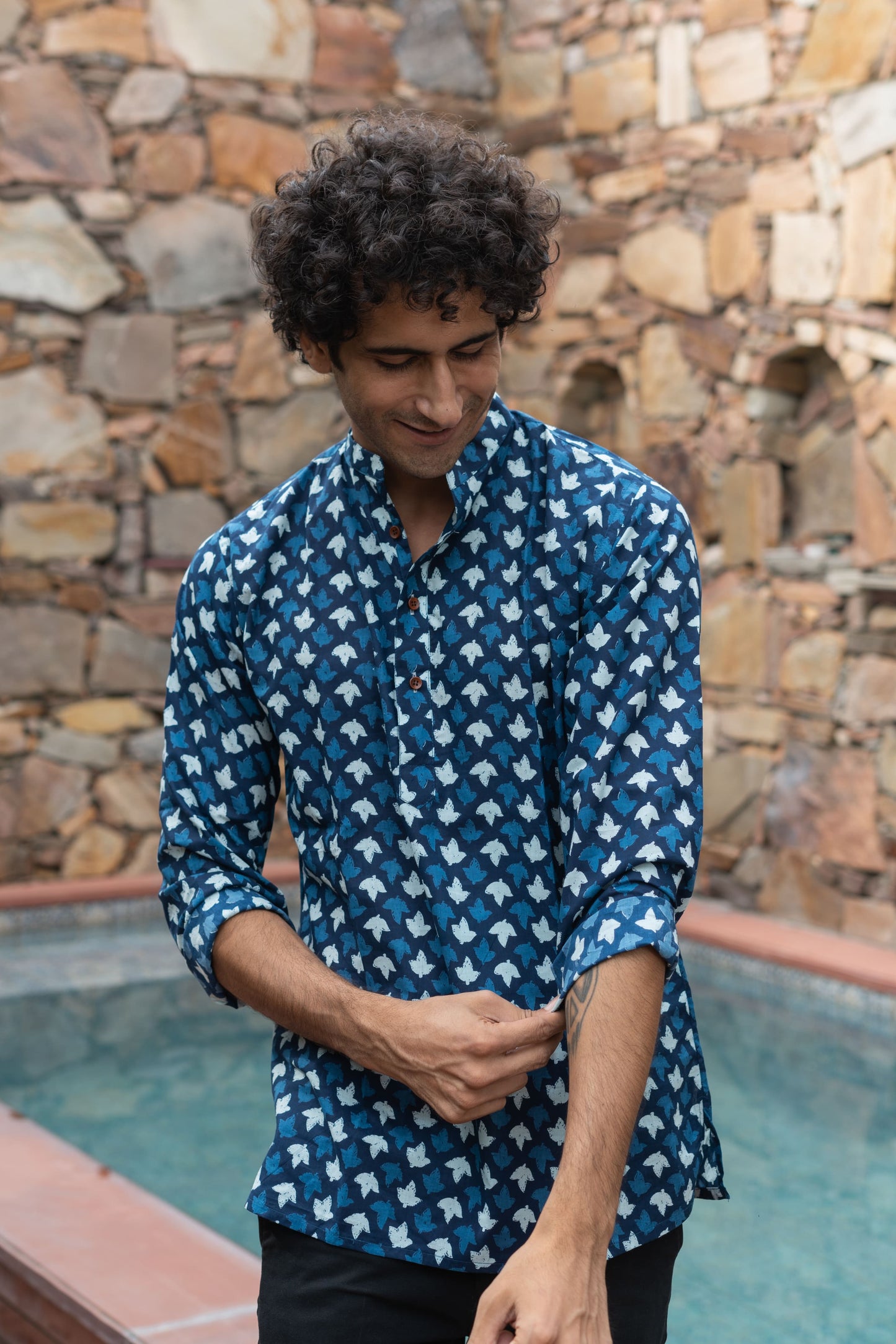 The Indigo Blue Petal Print Short Kurta