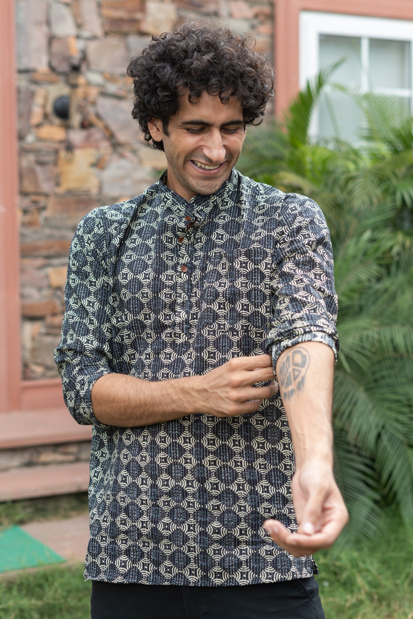 The Black And Lime Yellow Geometric Print Short Kurta With Kantha Work