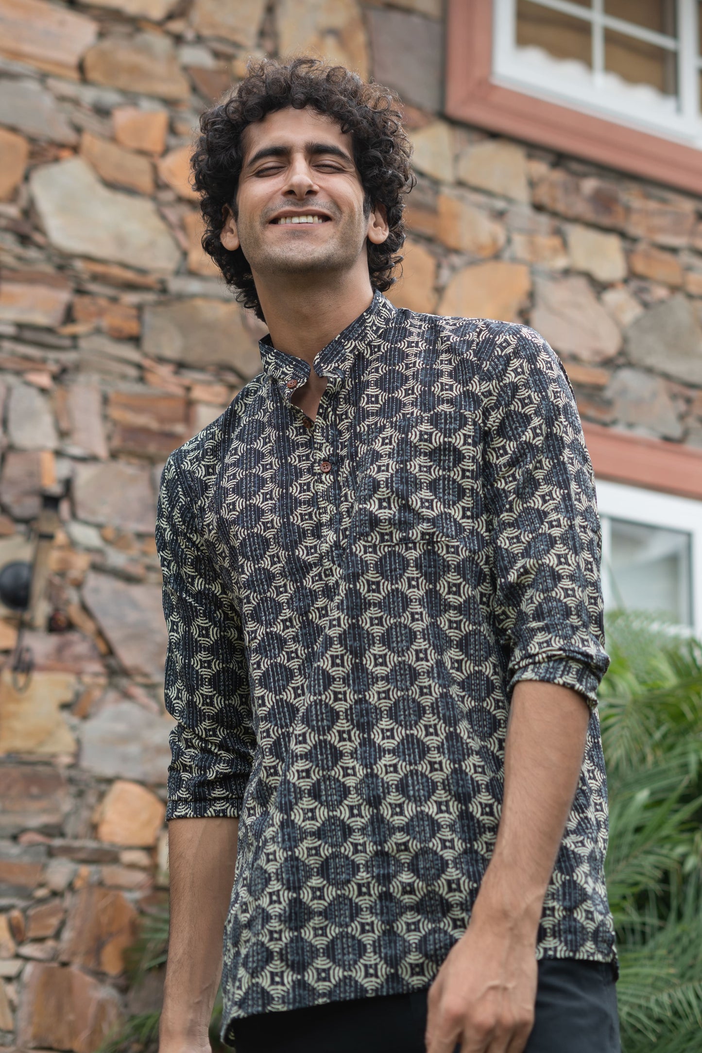 The Black And Lime Yellow Geometric Print Short Kurta With Kantha Work