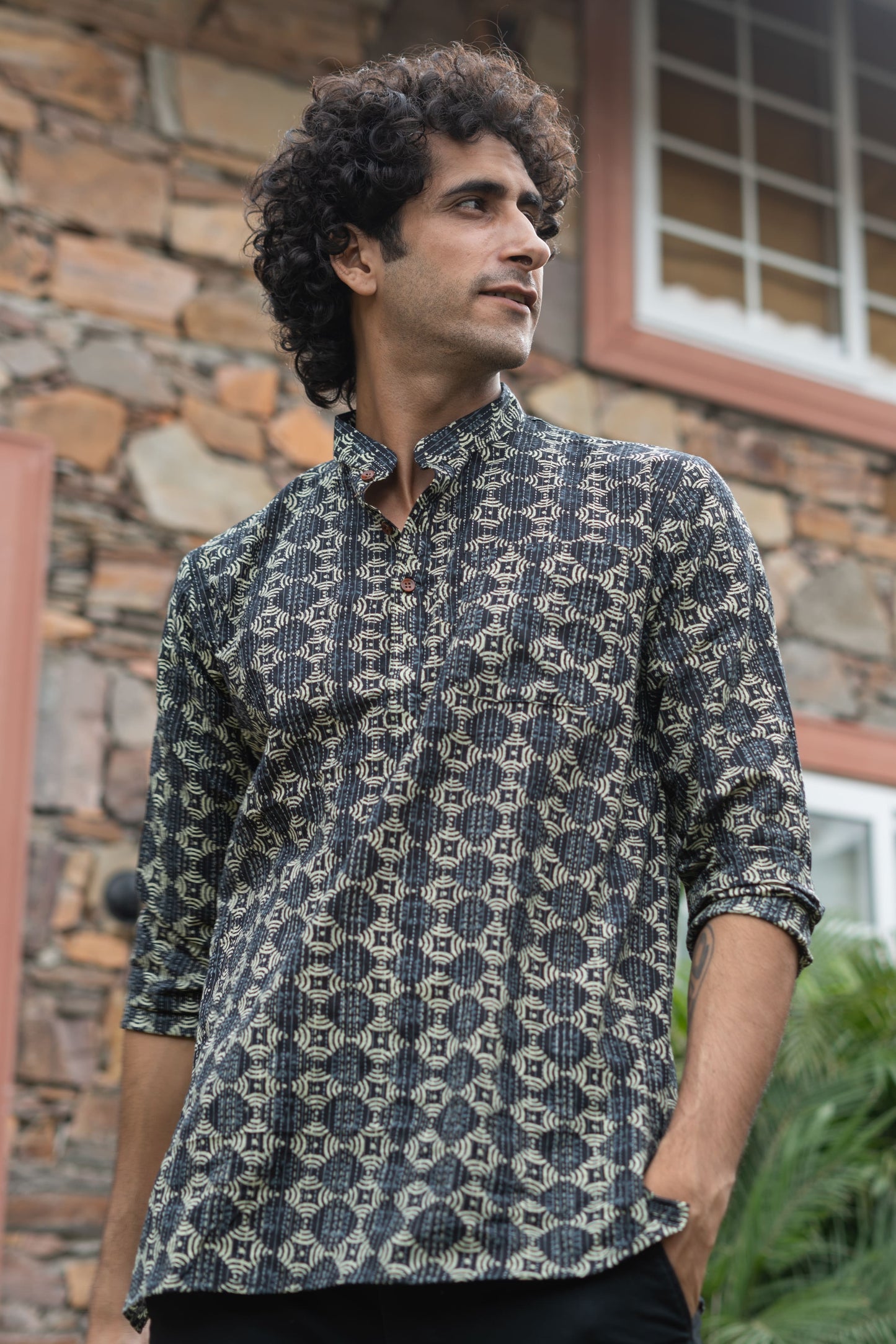 The Black And Lime Yellow Geometric Print Short Kurta With Kantha Work