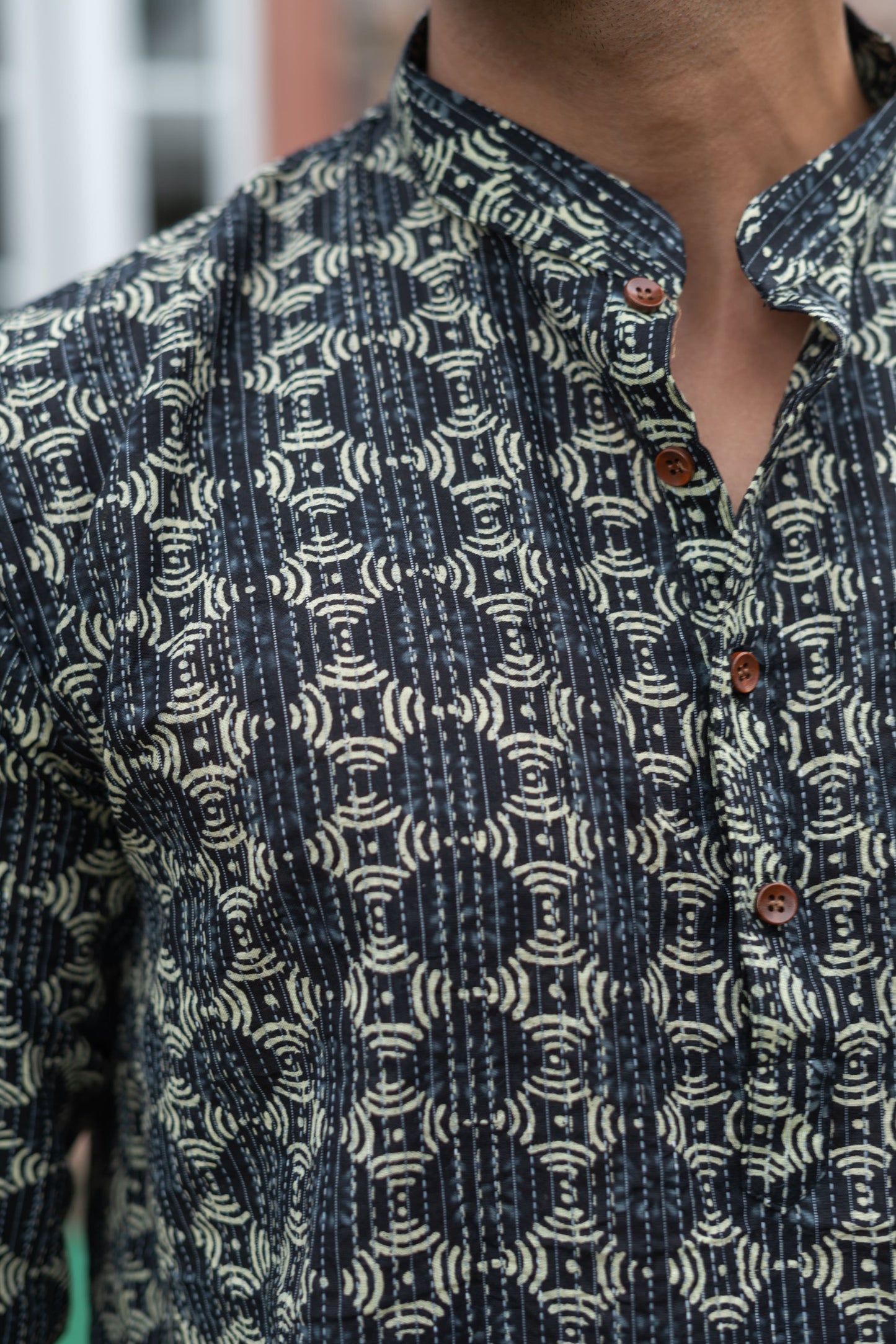 The Black And Lime Yellow Geometric Print Short Kurta With Kantha Work