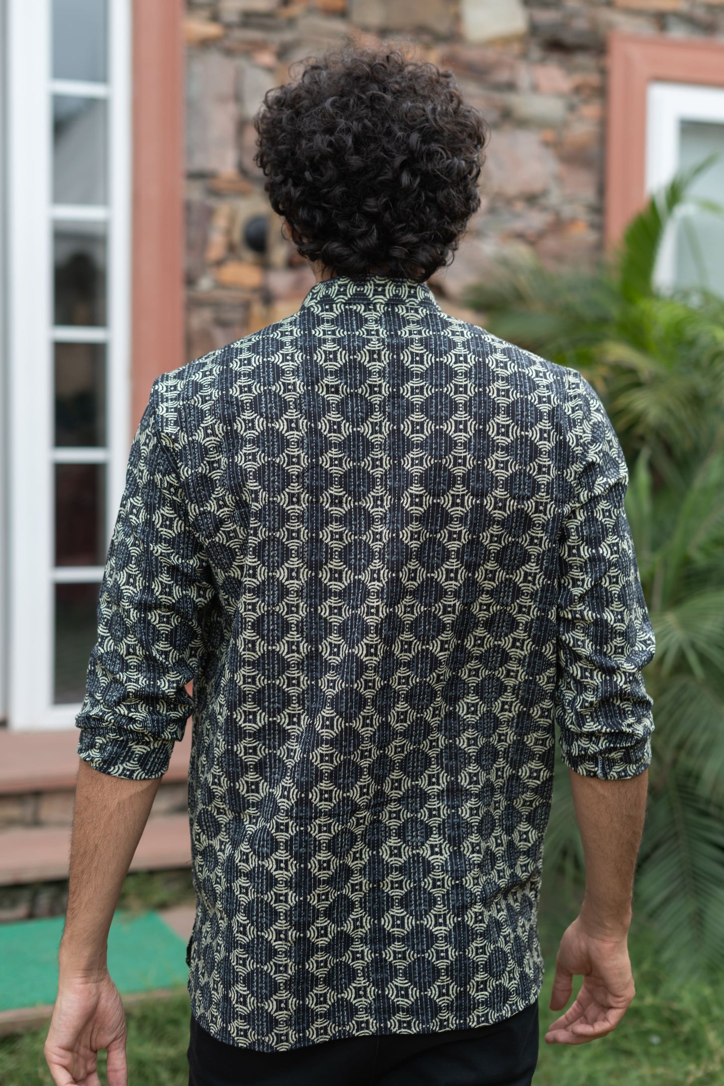 The Black And Lime Yellow Geometric Print Short Kurta With Kantha Work