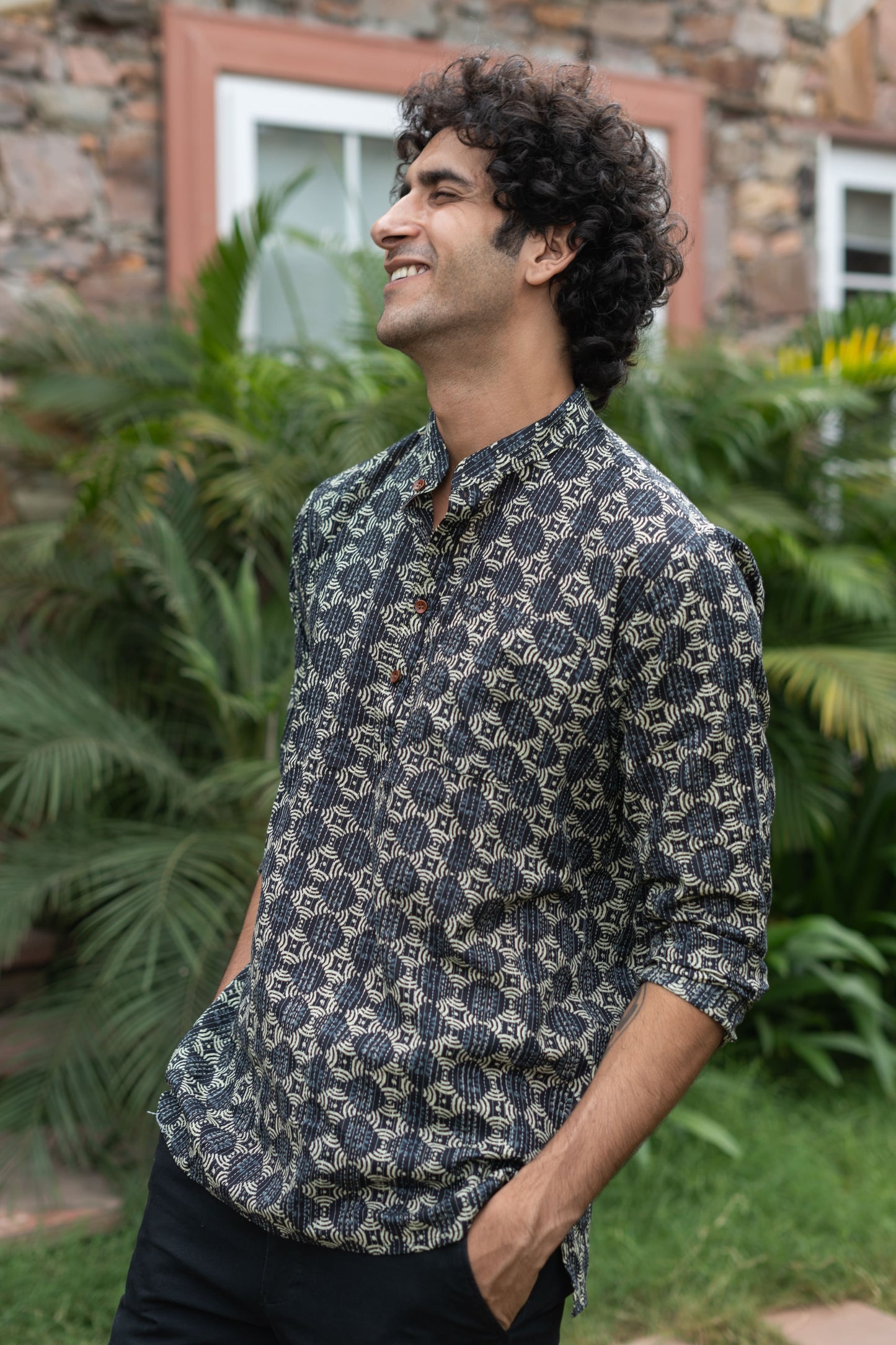 The Black And Lime Yellow Geometric Print Short Kurta With Kantha Work