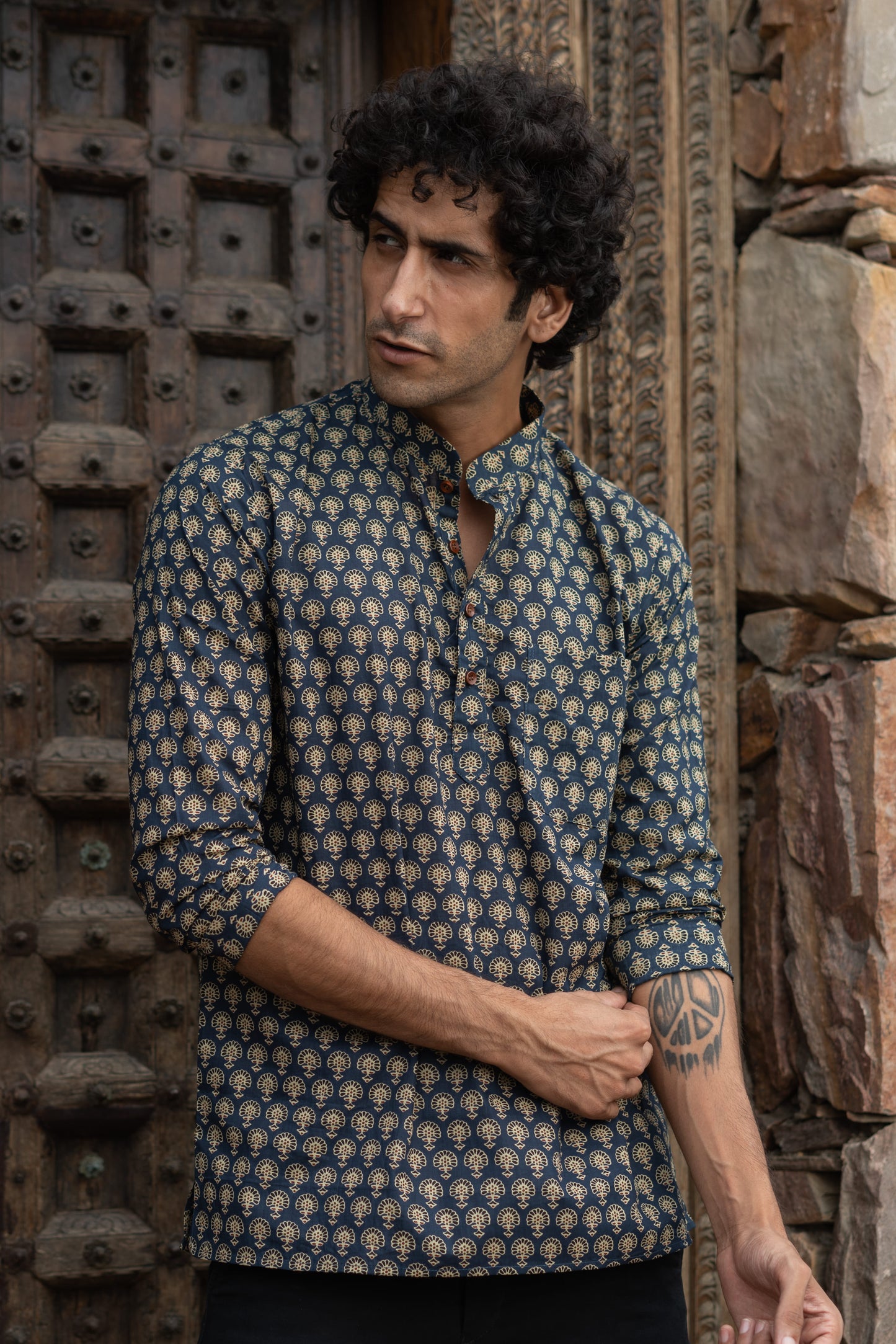 The Blue Short Kurta With Ajrak Look Floral Print