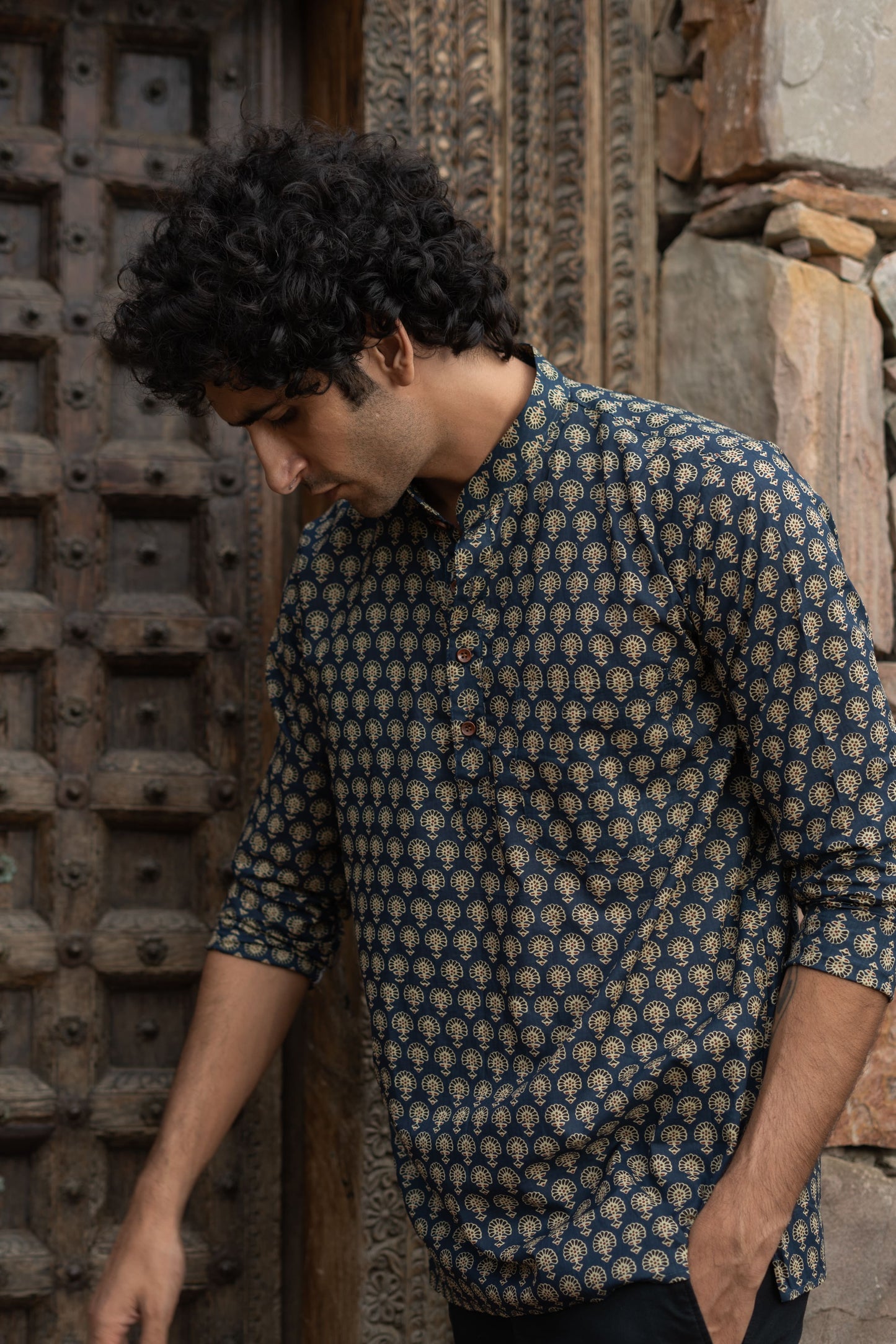 The Blue Short Kurta With Ajrak Look Floral Print