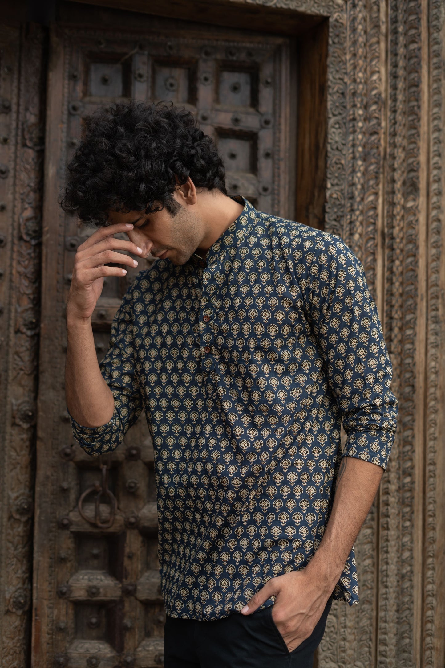 The Blue Short Kurta With Ajrak Look Floral Print