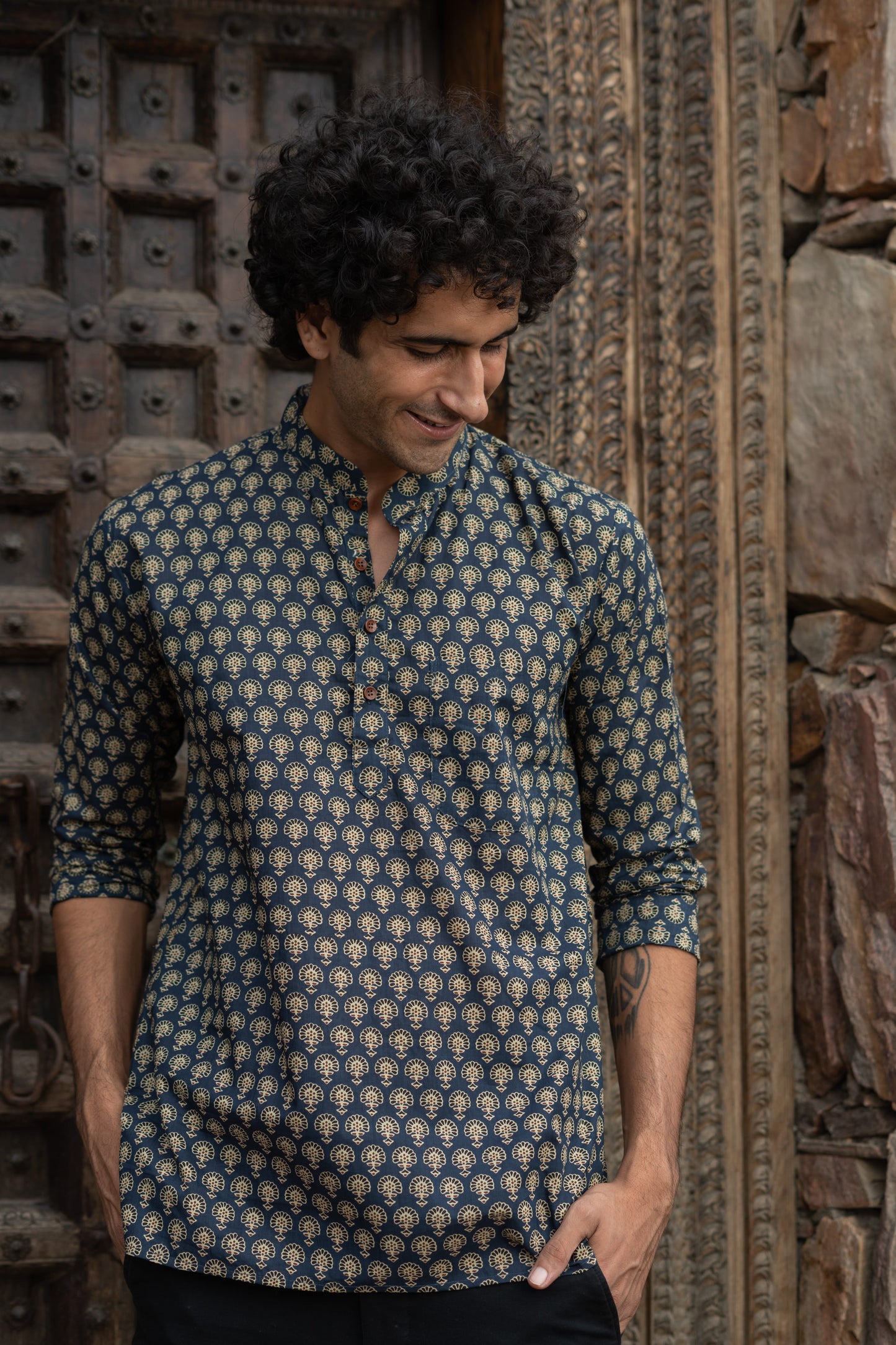 The Blue Short Kurta With Ajrak Look Floral Print