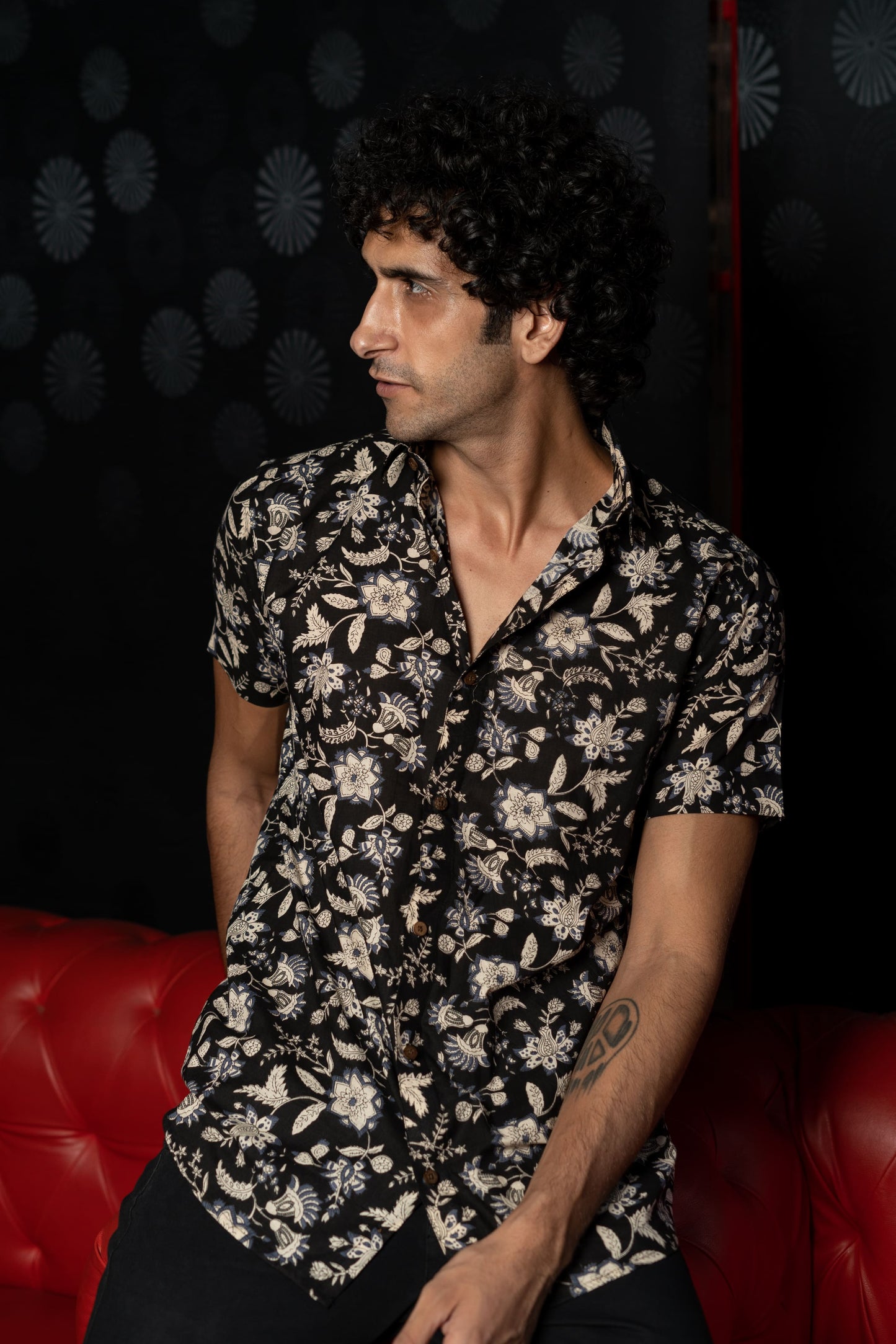 The Black And Off-White Half Sleeves Shirt With All-Over Floral Print