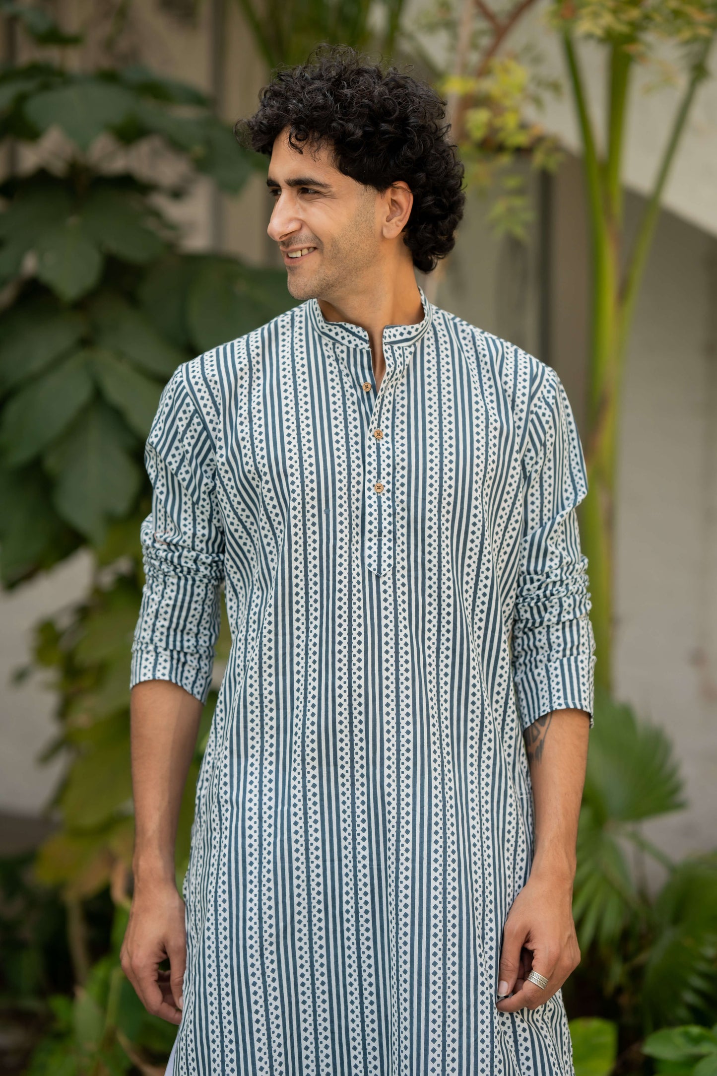 The White Long Kurta With Blue Stripe Print