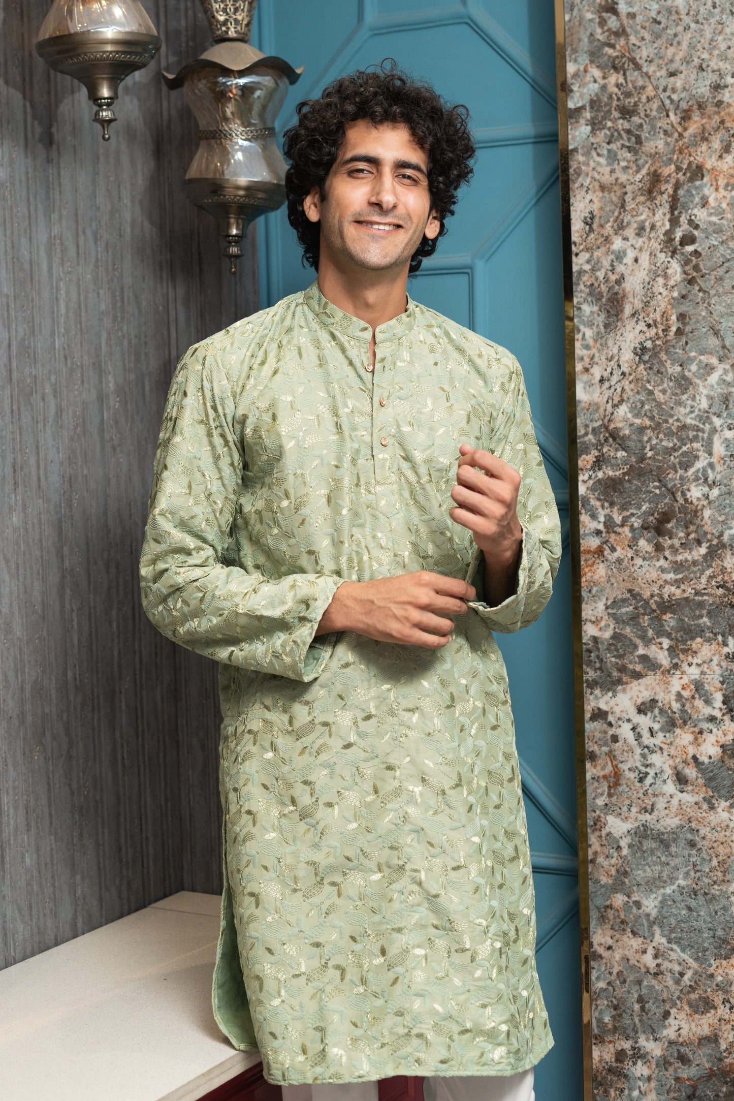 The Army Green Embroidery Work Long Kurta