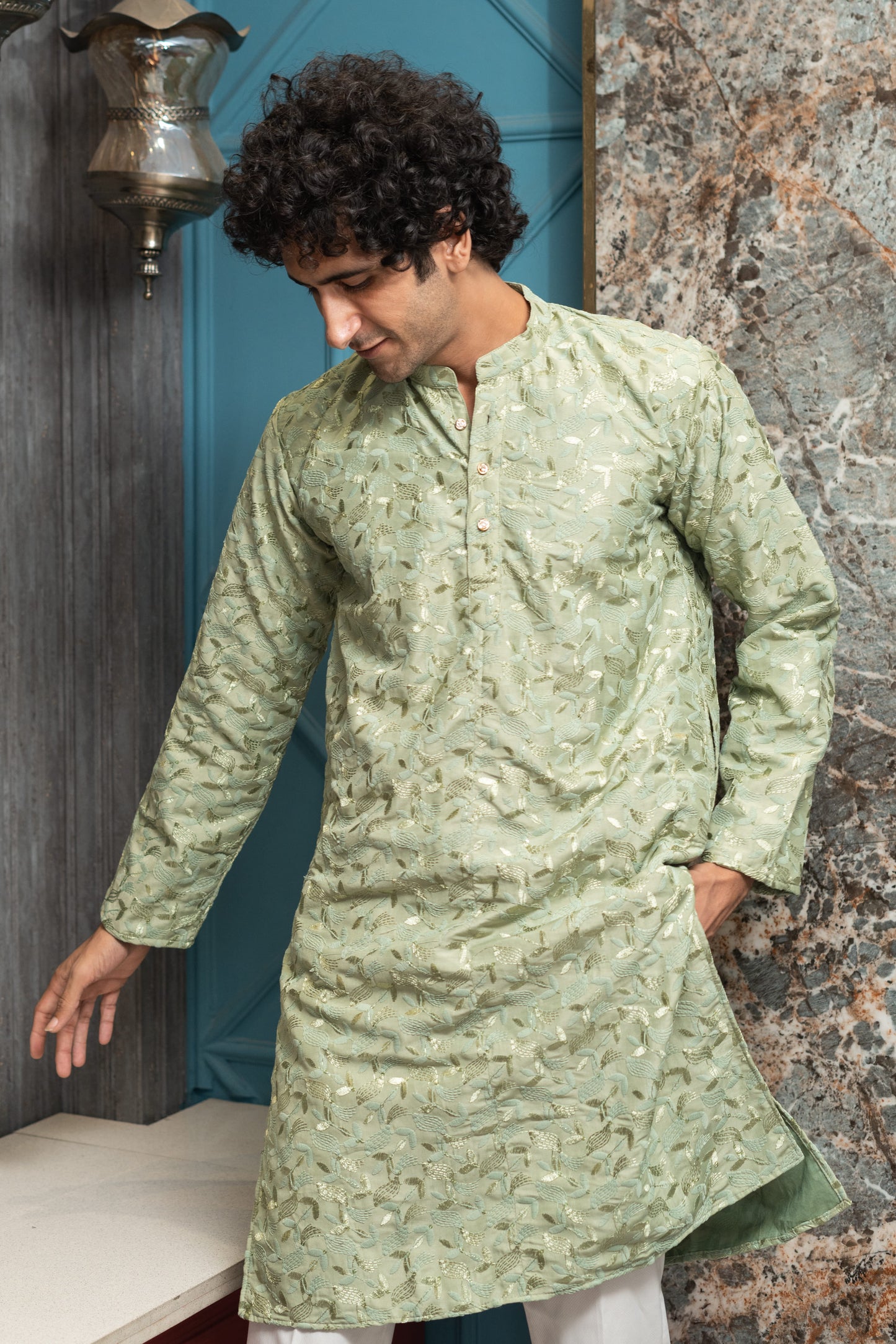 The Army Green Embroidery Work Long Kurta