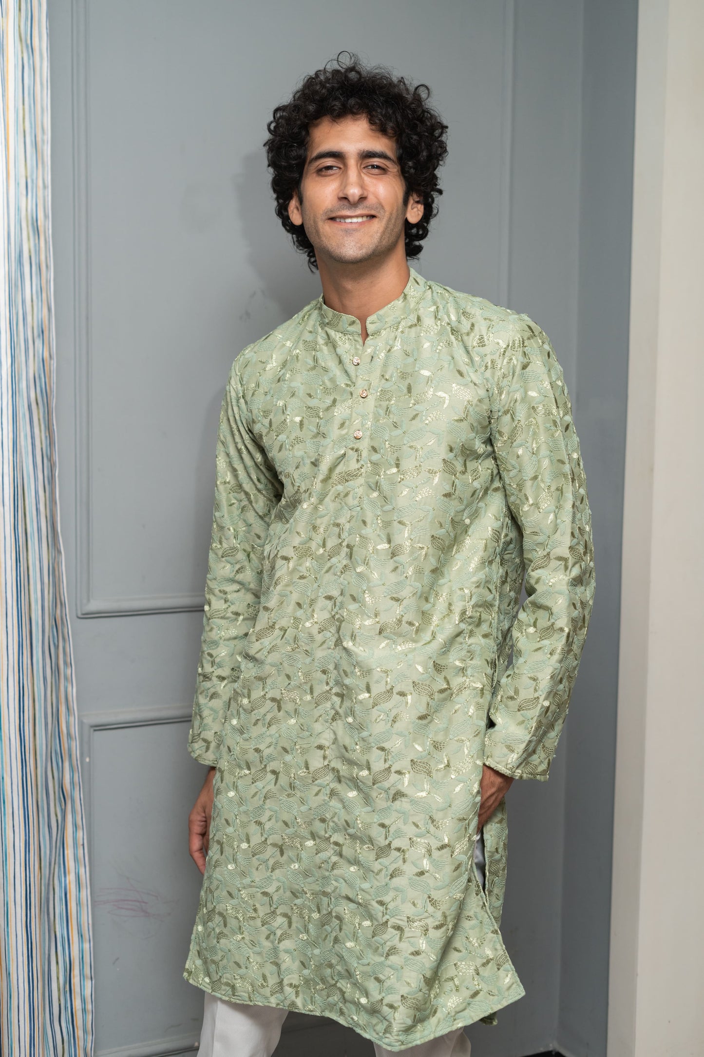 The Army Green Embroidery Work Long Kurta
