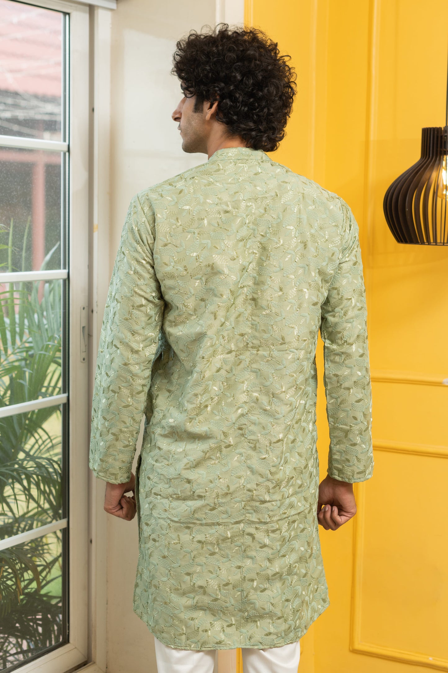 The Army Green Embroidery Work Long Kurta