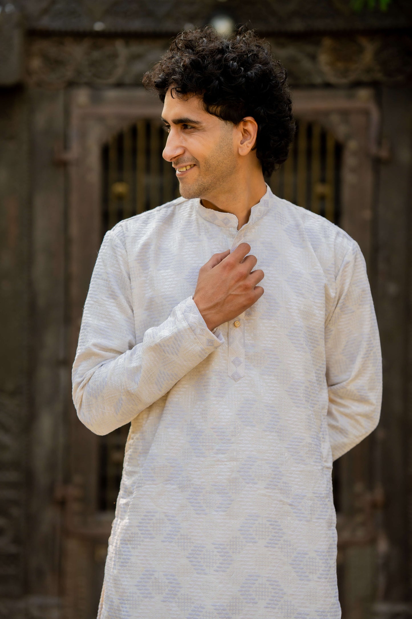 The Off White Long Kurta With White and Forst Thread and Sequins Work