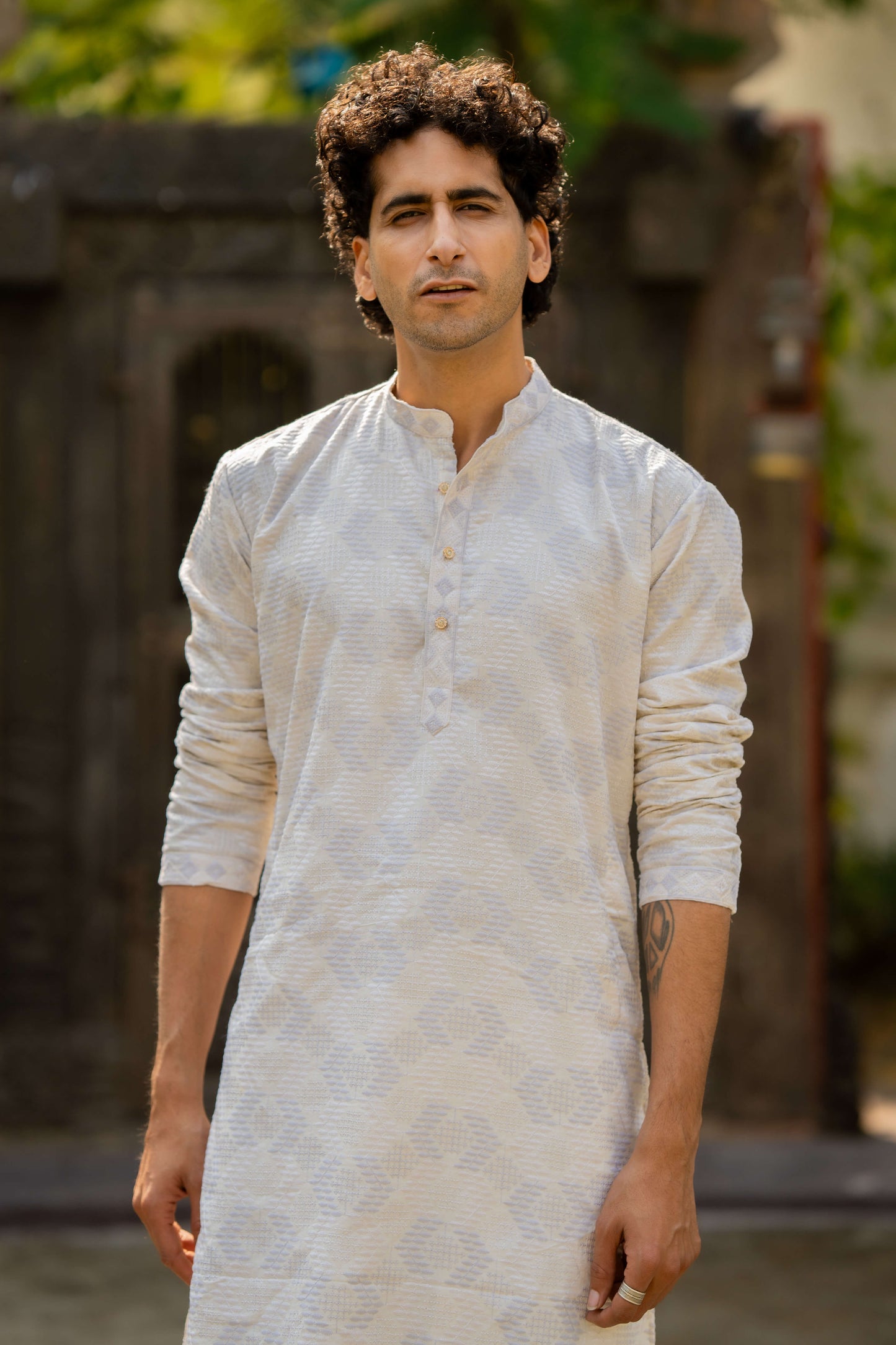 The Off White Long Kurta With White and Forst Thread and Sequins Work