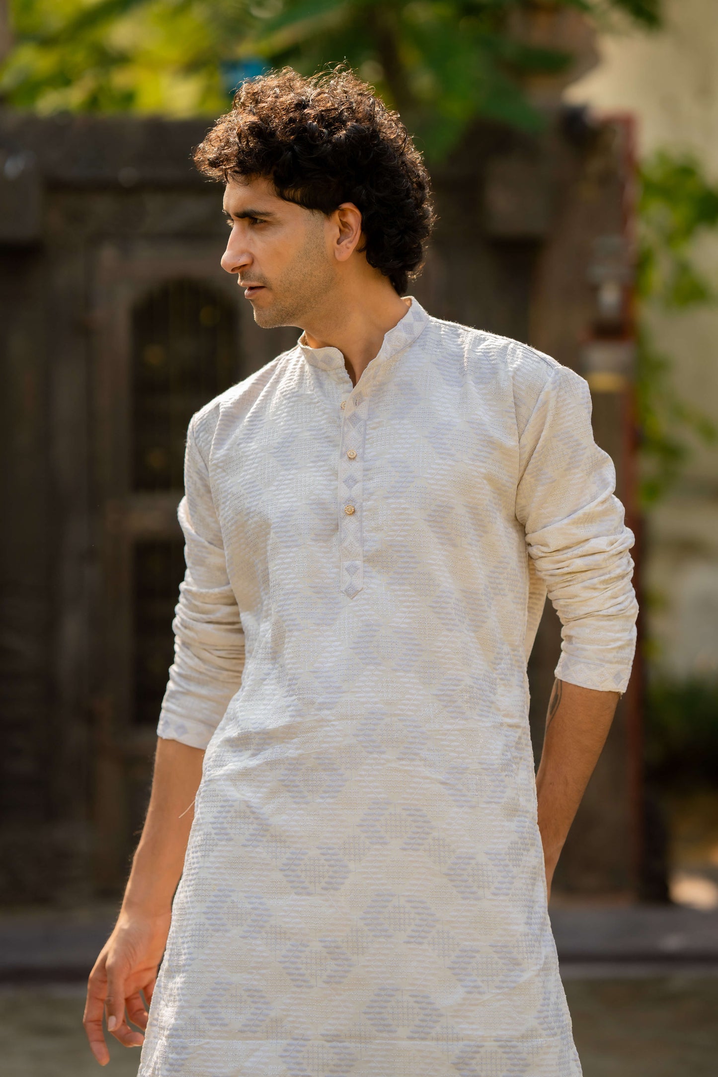 The Off White Long Kurta With White and Forst Thread and Sequins Work