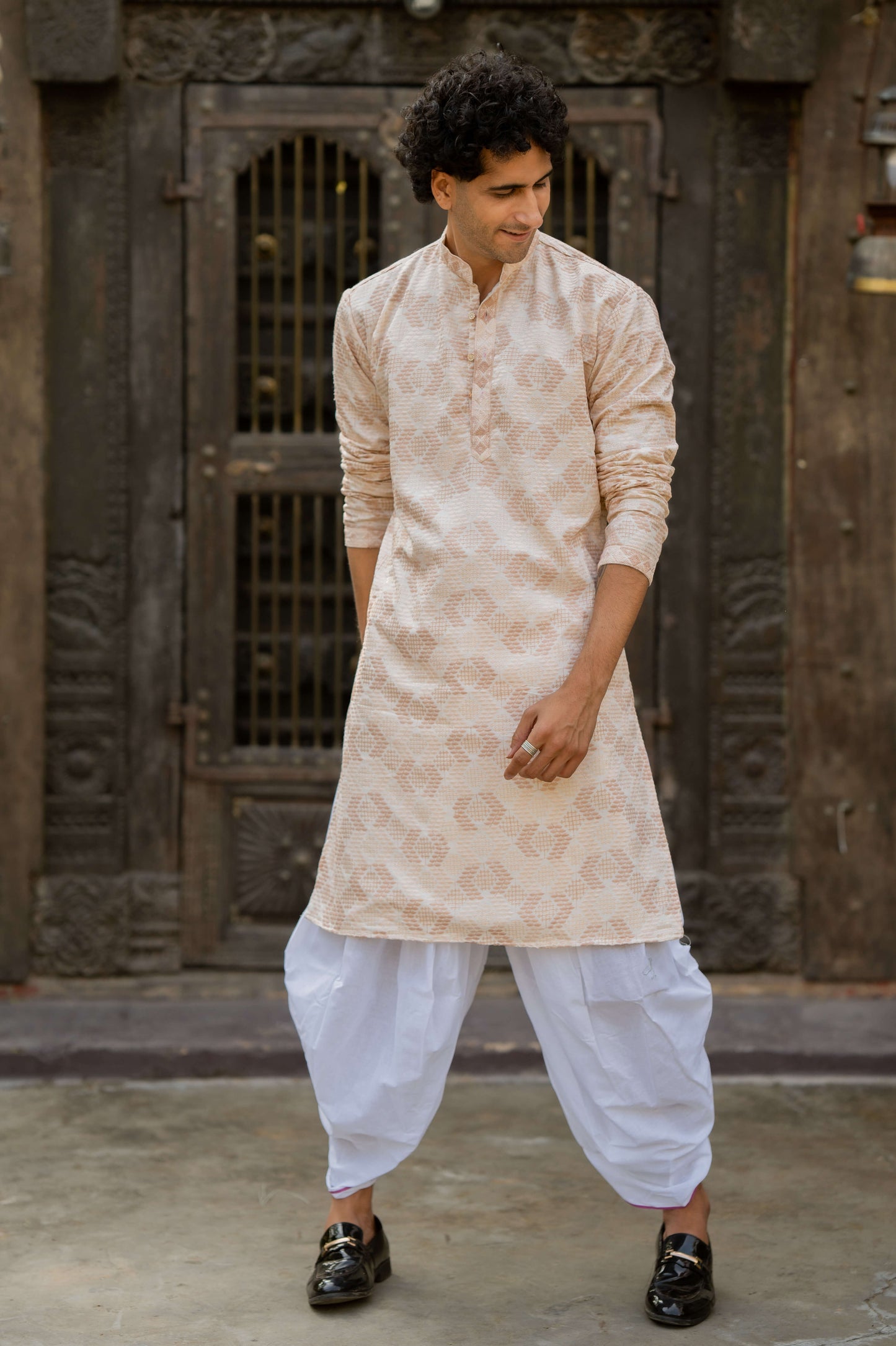 The Off White Long Kurta with Beige and Cream Thread and Sequins Work