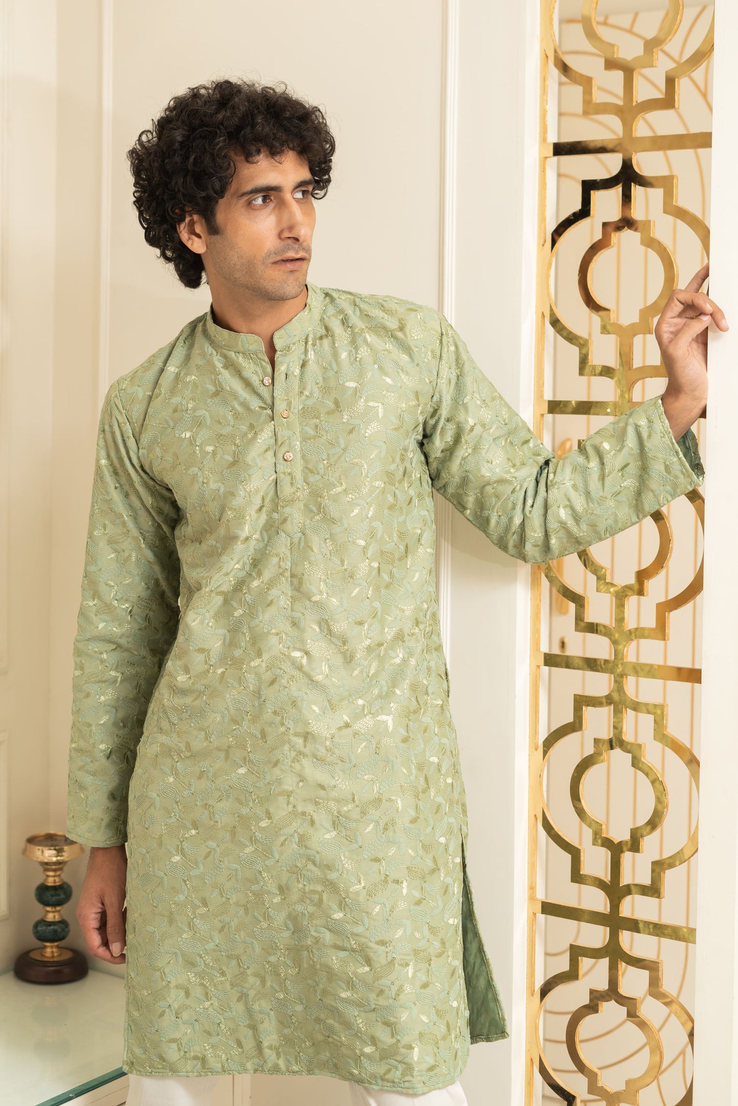 The Army Green Embroidery Work Long Kurta