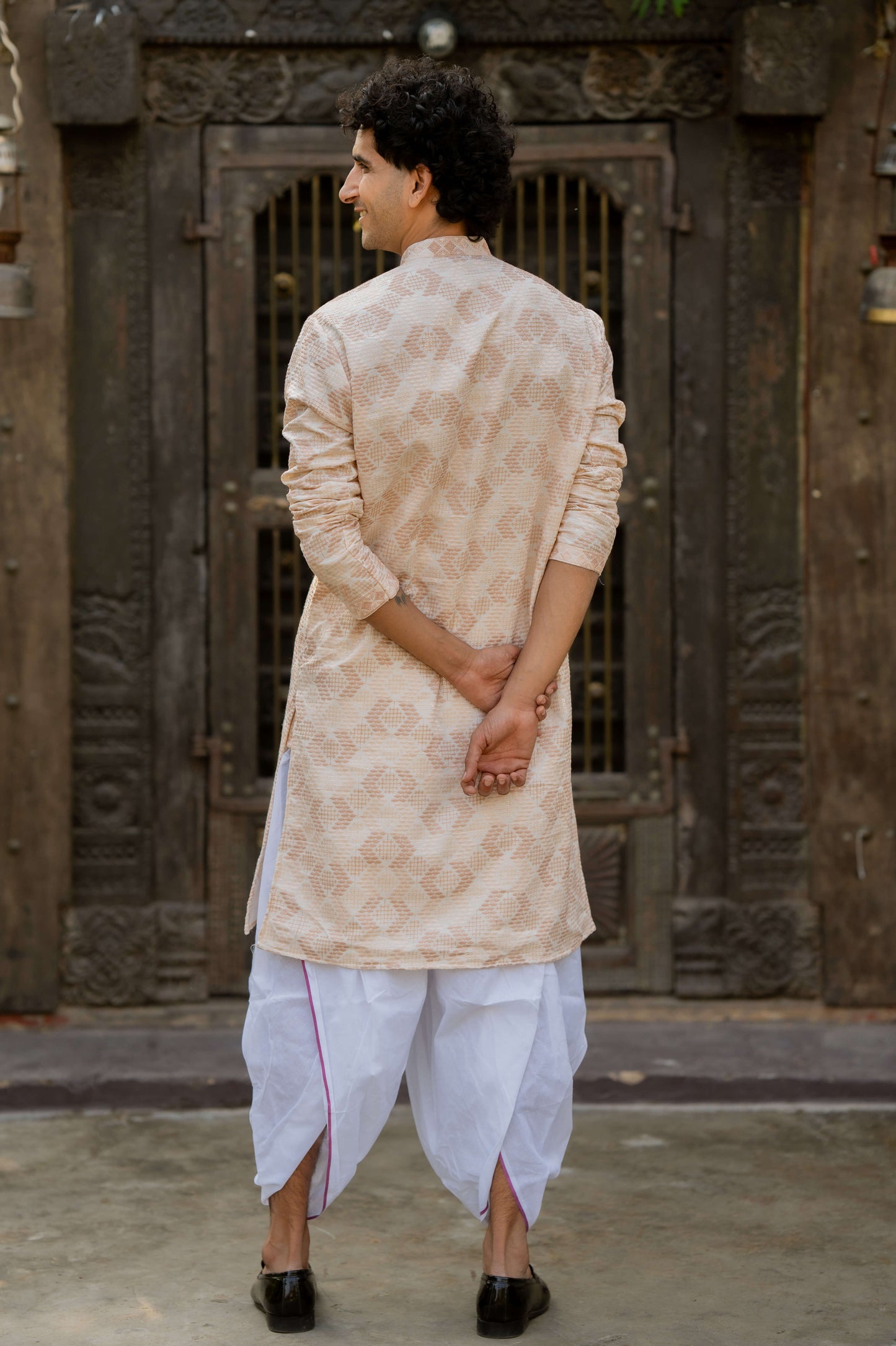The Off White Long Kurta with Beige and Cream Thread and Sequins Work