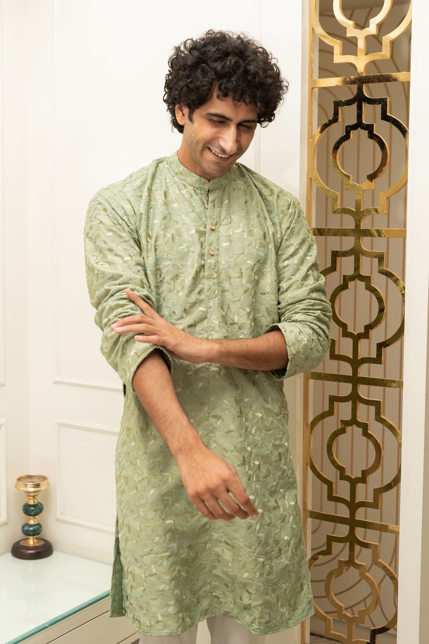 The Army Green Embroidery Work Long Kurta