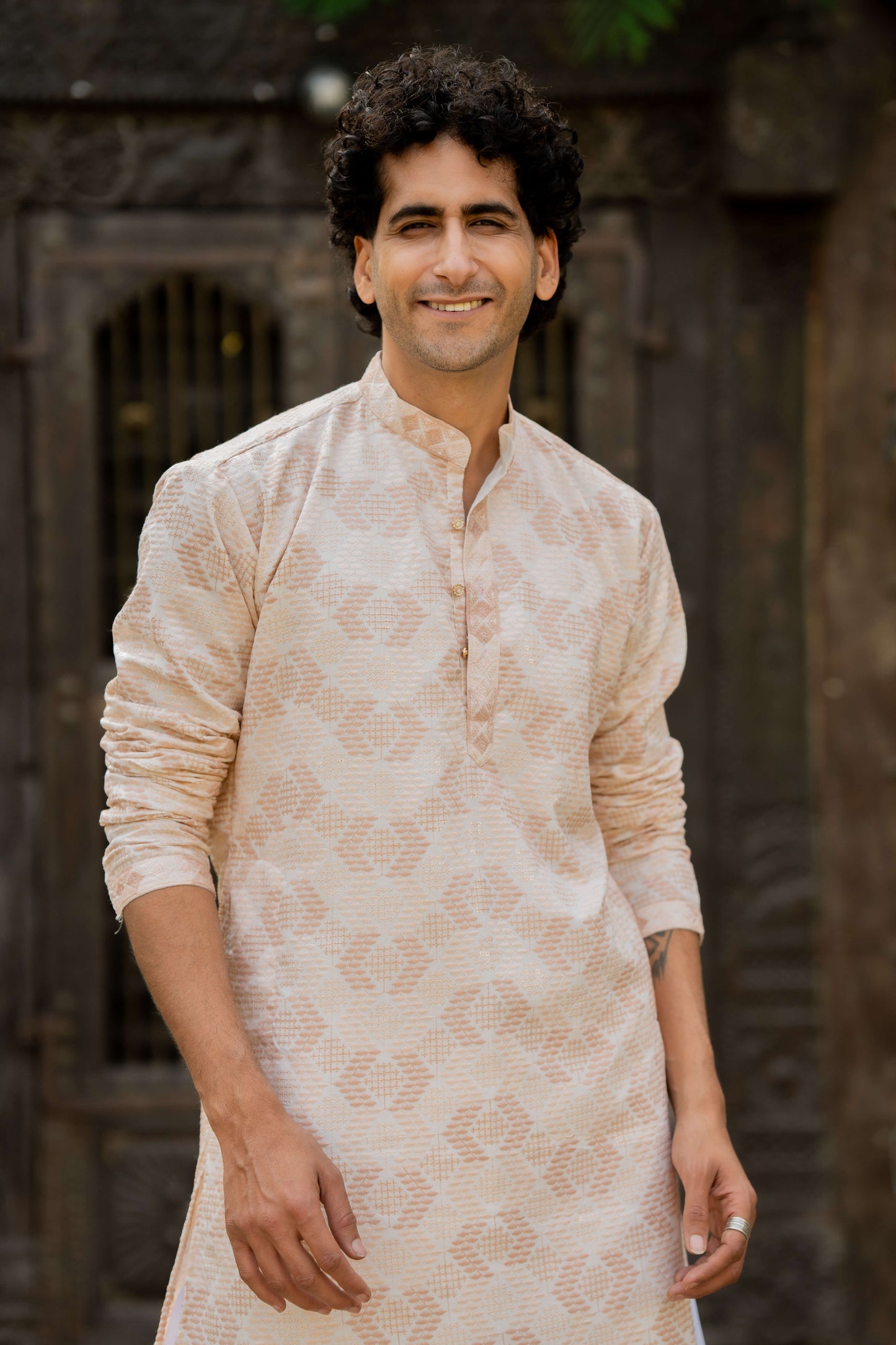 The Off White Long Kurta with Beige and Cream Thread and Sequins Work