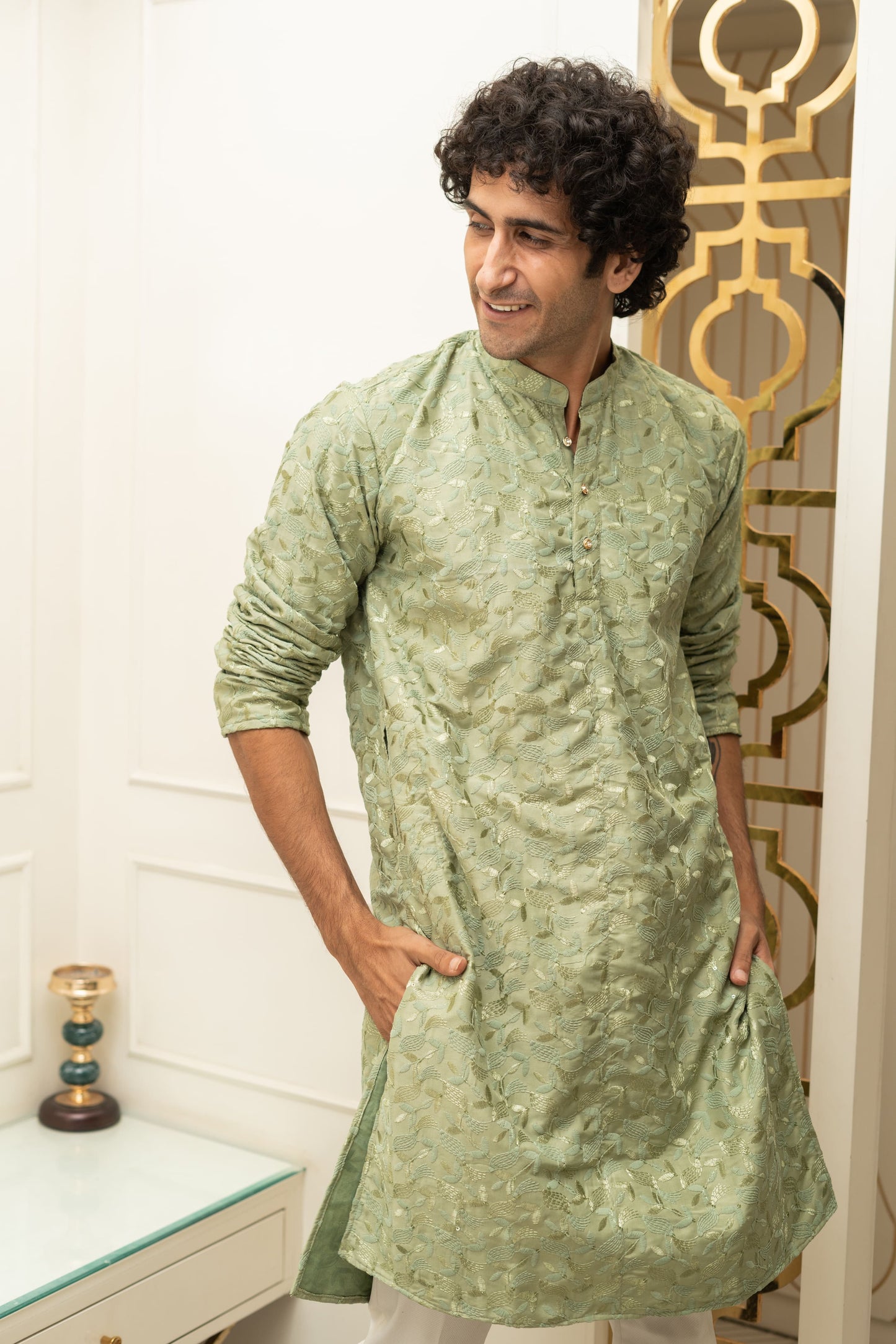 The Army Green Embroidery Work Long Kurta