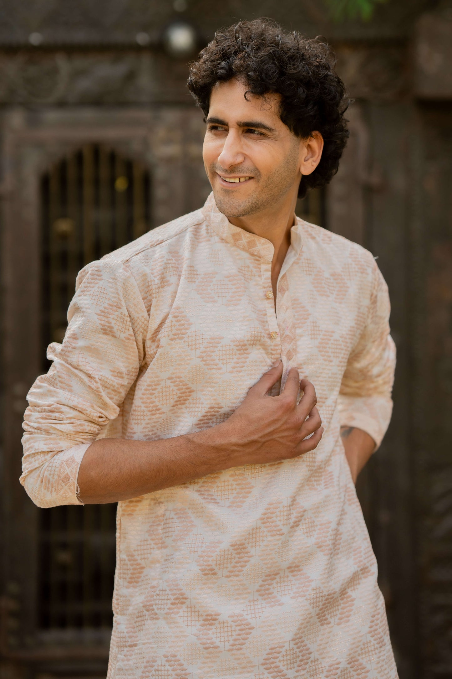 The Off White Long Kurta with Beige and Cream Thread and Sequins Work