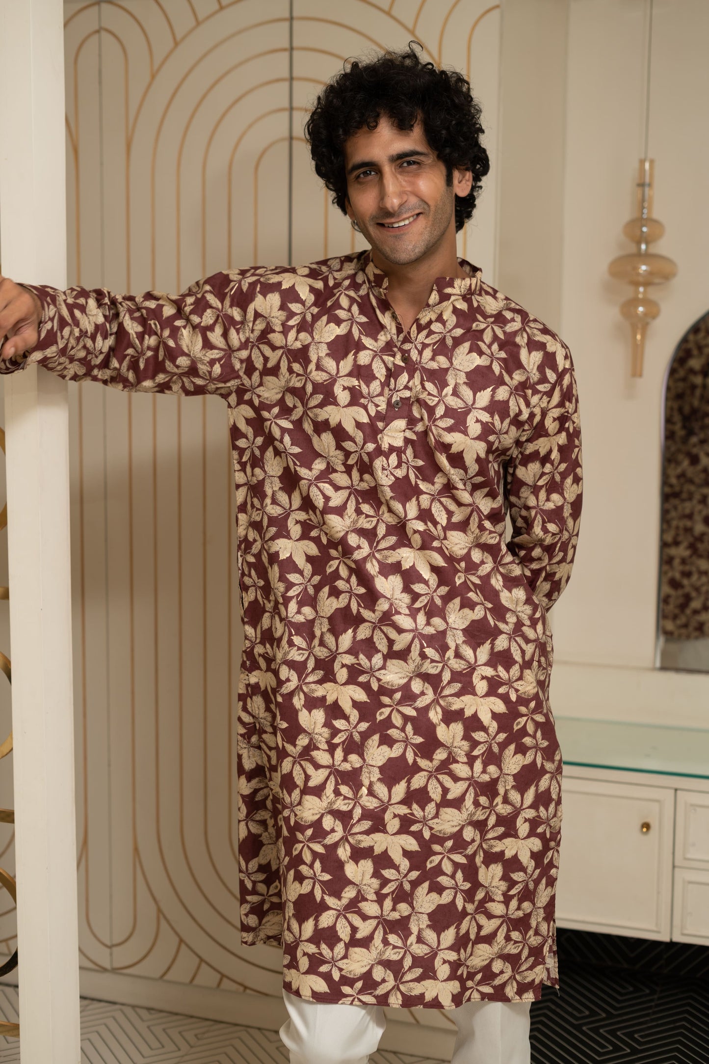 The Maroon All-Over Floral Foil Print Long Kurta