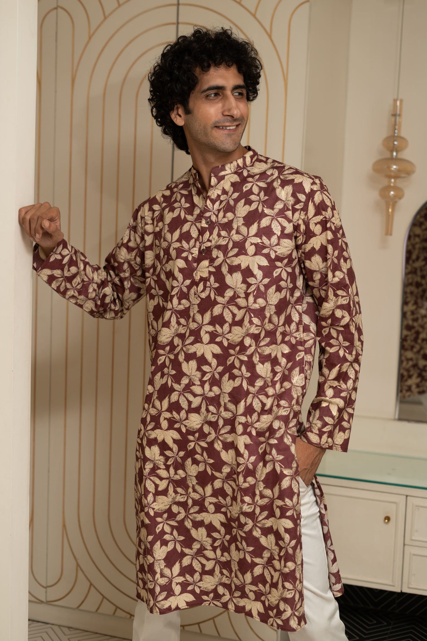 The Maroon All-Over Floral Foil Print Long Kurta
