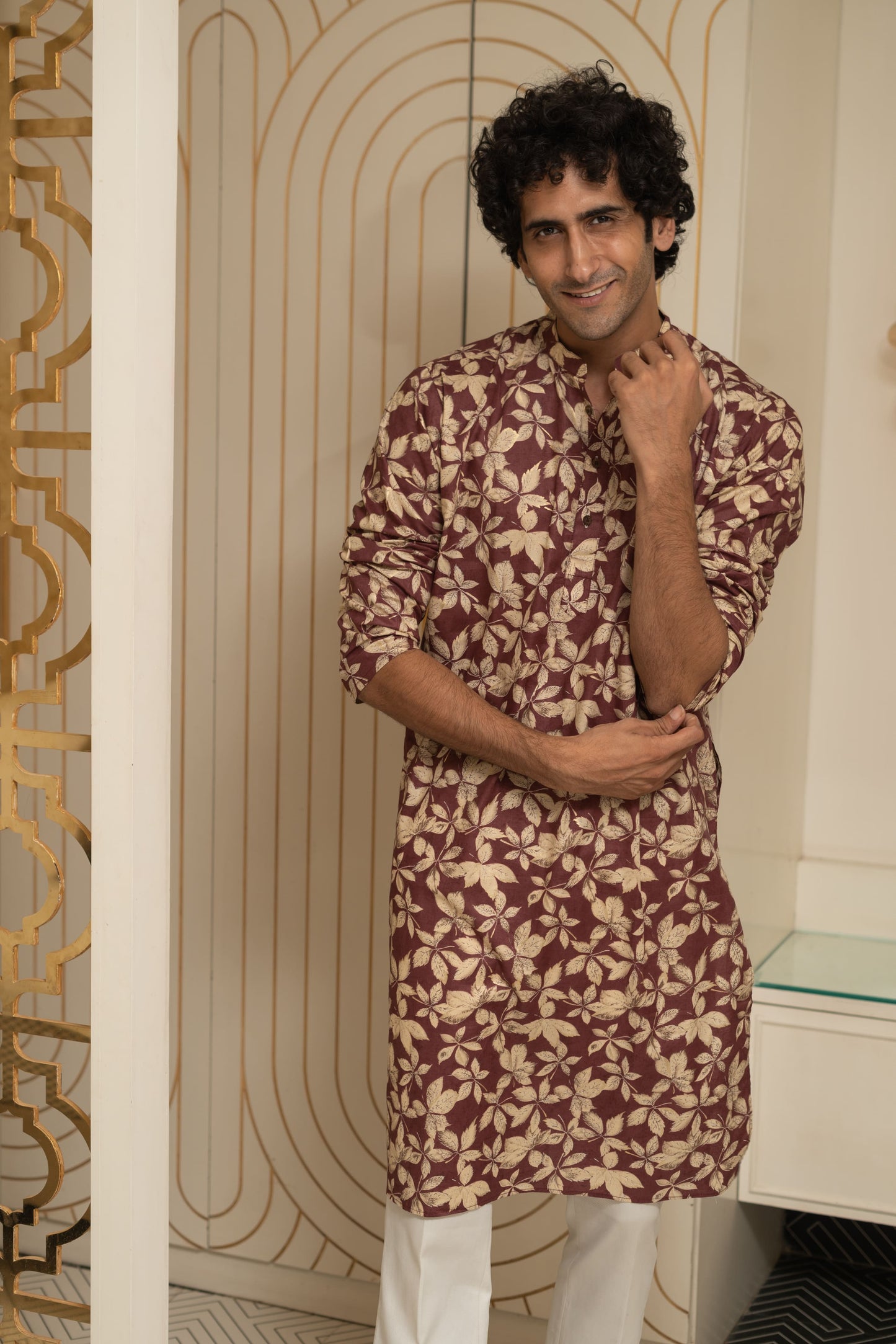 The Maroon All-Over Floral Foil Print Long Kurta