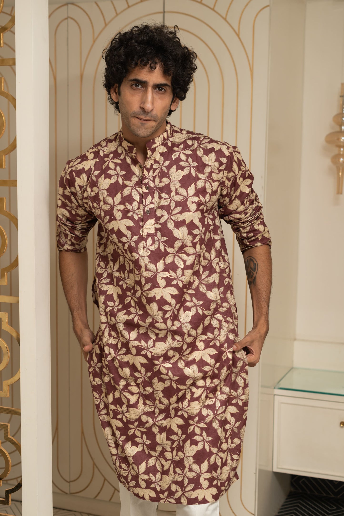 The Maroon All-Over Floral Foil Print Long Kurta