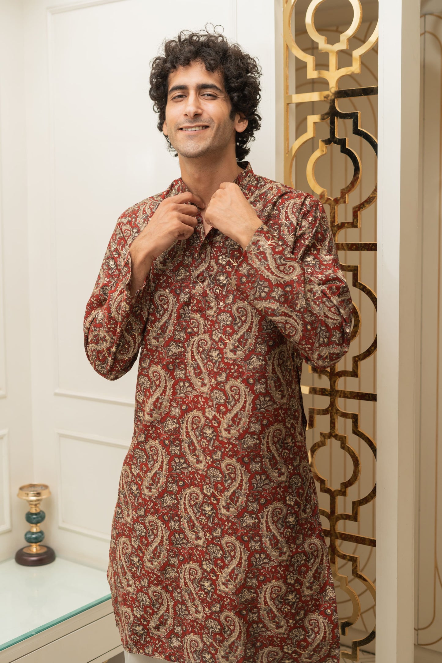 The Muslin Blood Red Colour With Ethnic Paisley Print Long Kurta