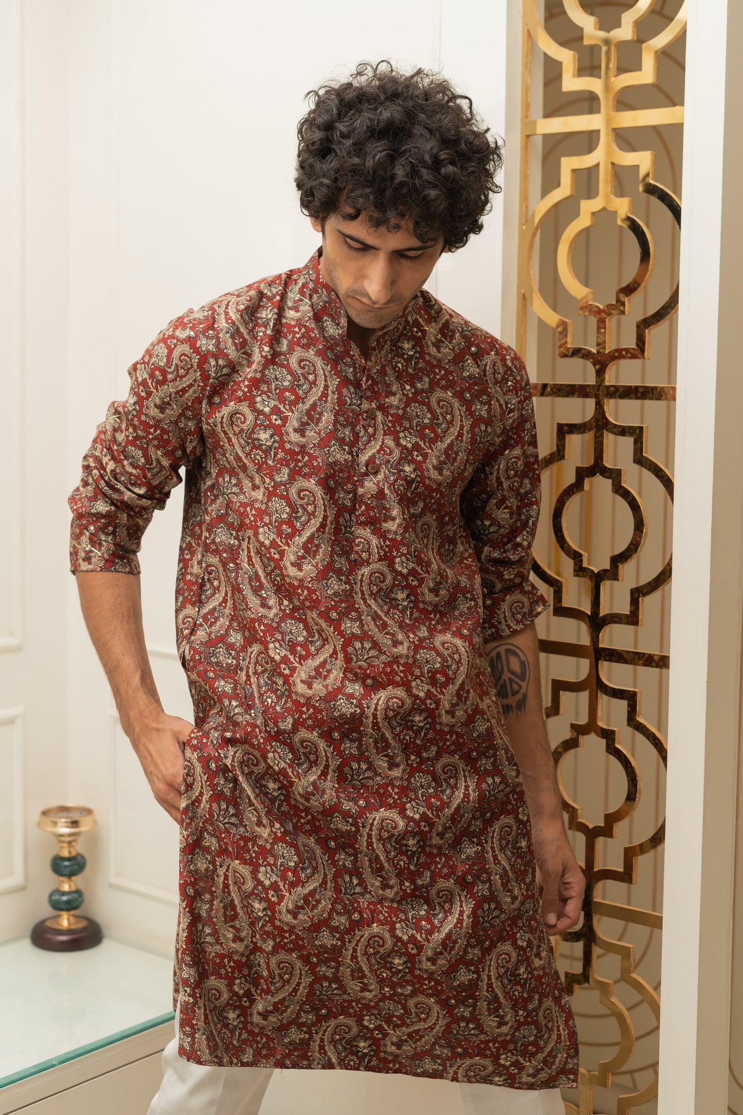 The Muslin Blood Red Colour With Ethnic Paisley Print Long Kurta