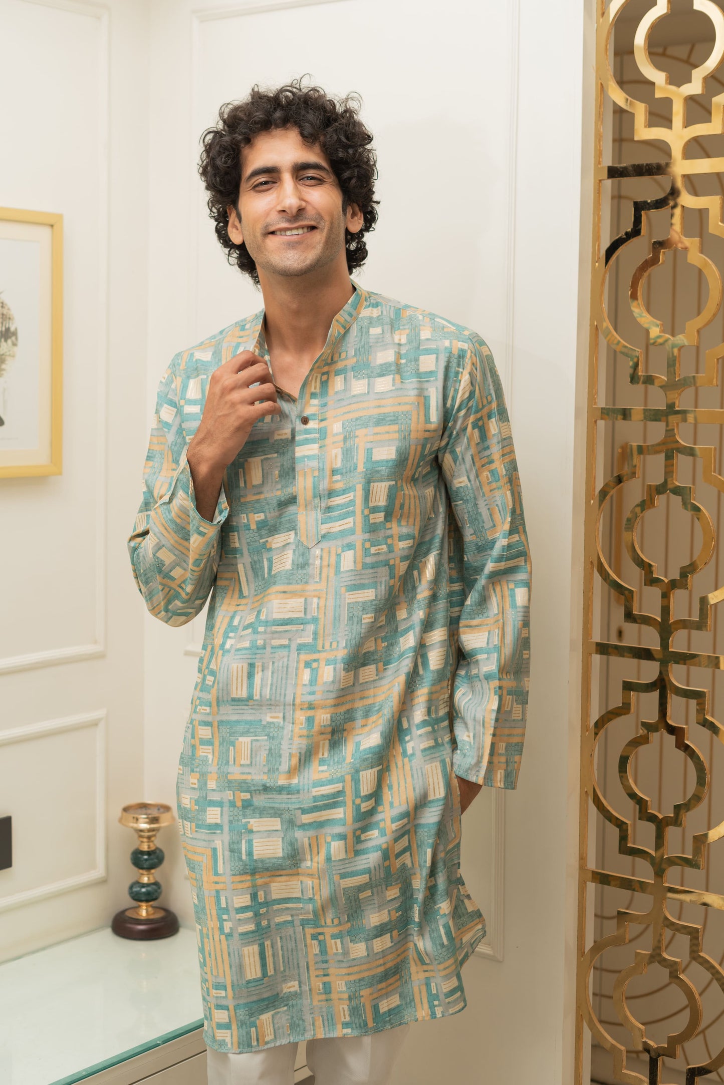 The Turquoise Abstract Geometric Foil print Long Kurta