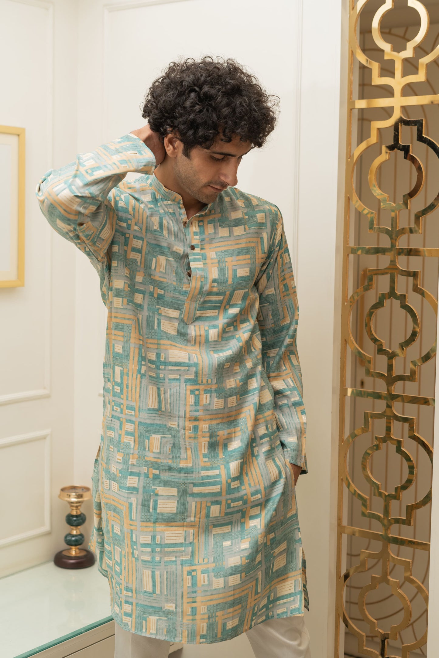 The Turquoise Abstract Geometric Foil print Long Kurta