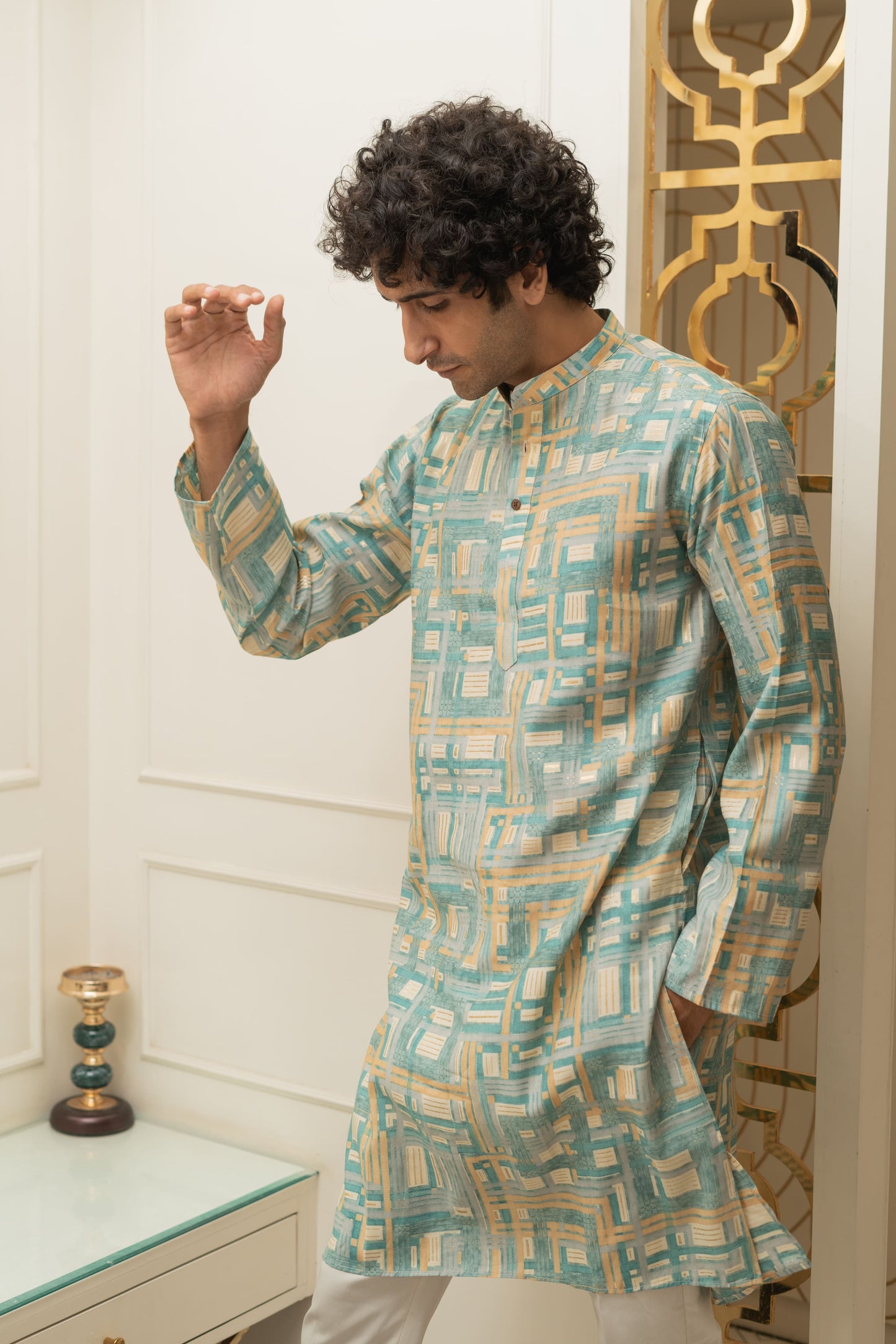 The Turquoise Abstract Geometric Foil print Long Kurta