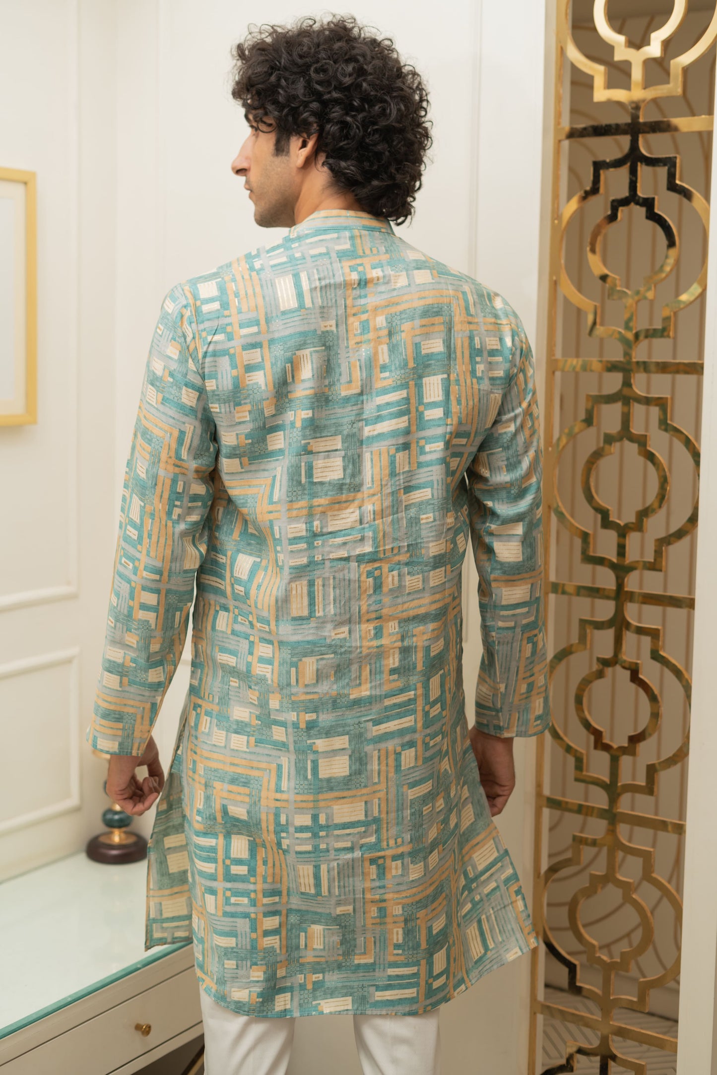 The Turquoise Abstract Geometric Foil print Long Kurta