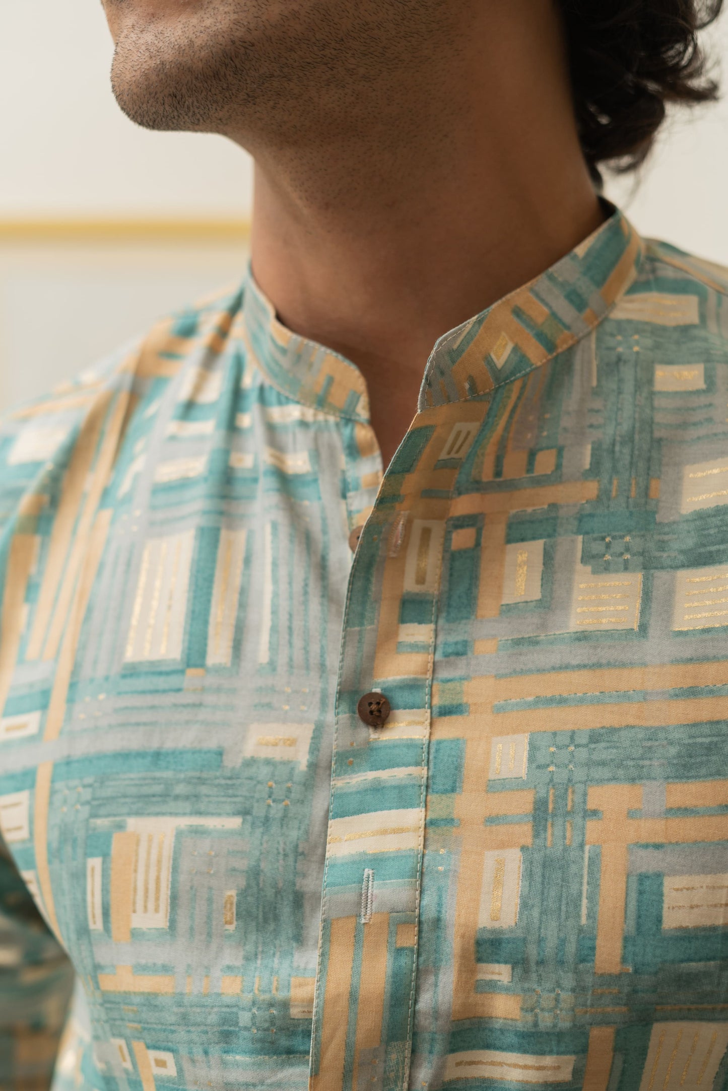 The Turquoise Abstract Geometric Foil print Long Kurta