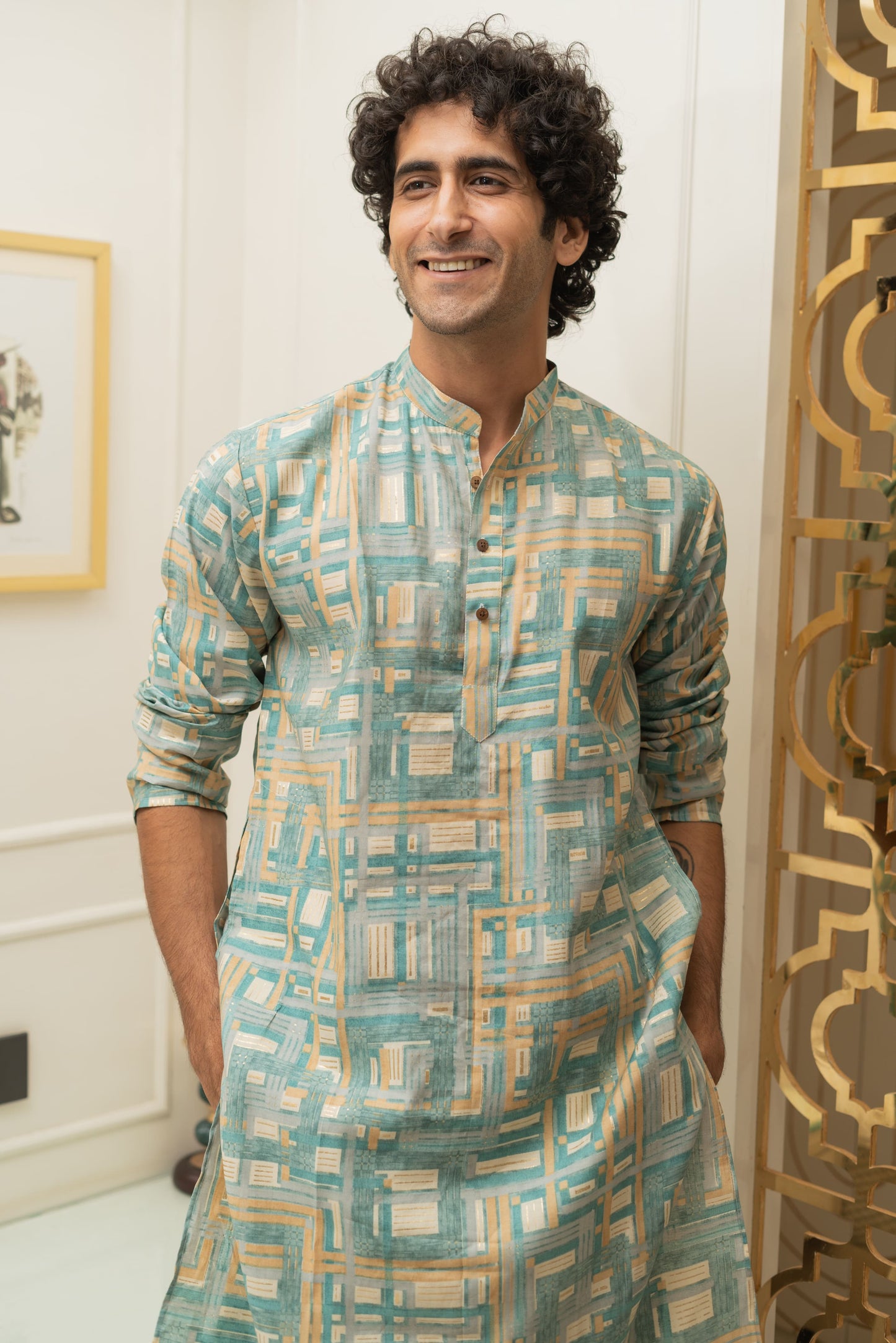 The Turquoise Abstract Geometric Foil print Long Kurta