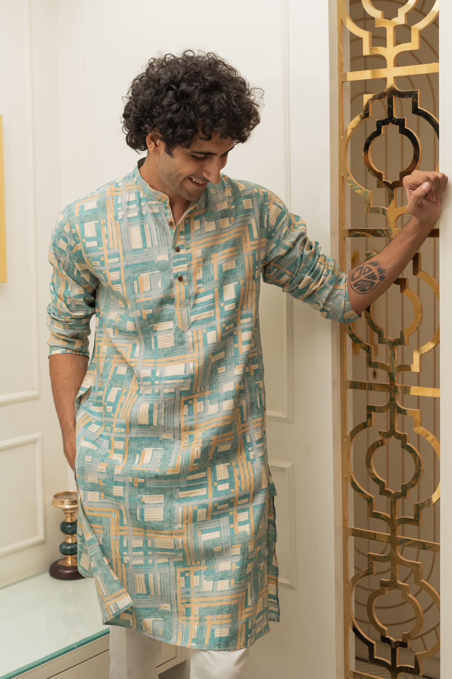The Turquoise Abstract Geometric Foil print Long Kurta