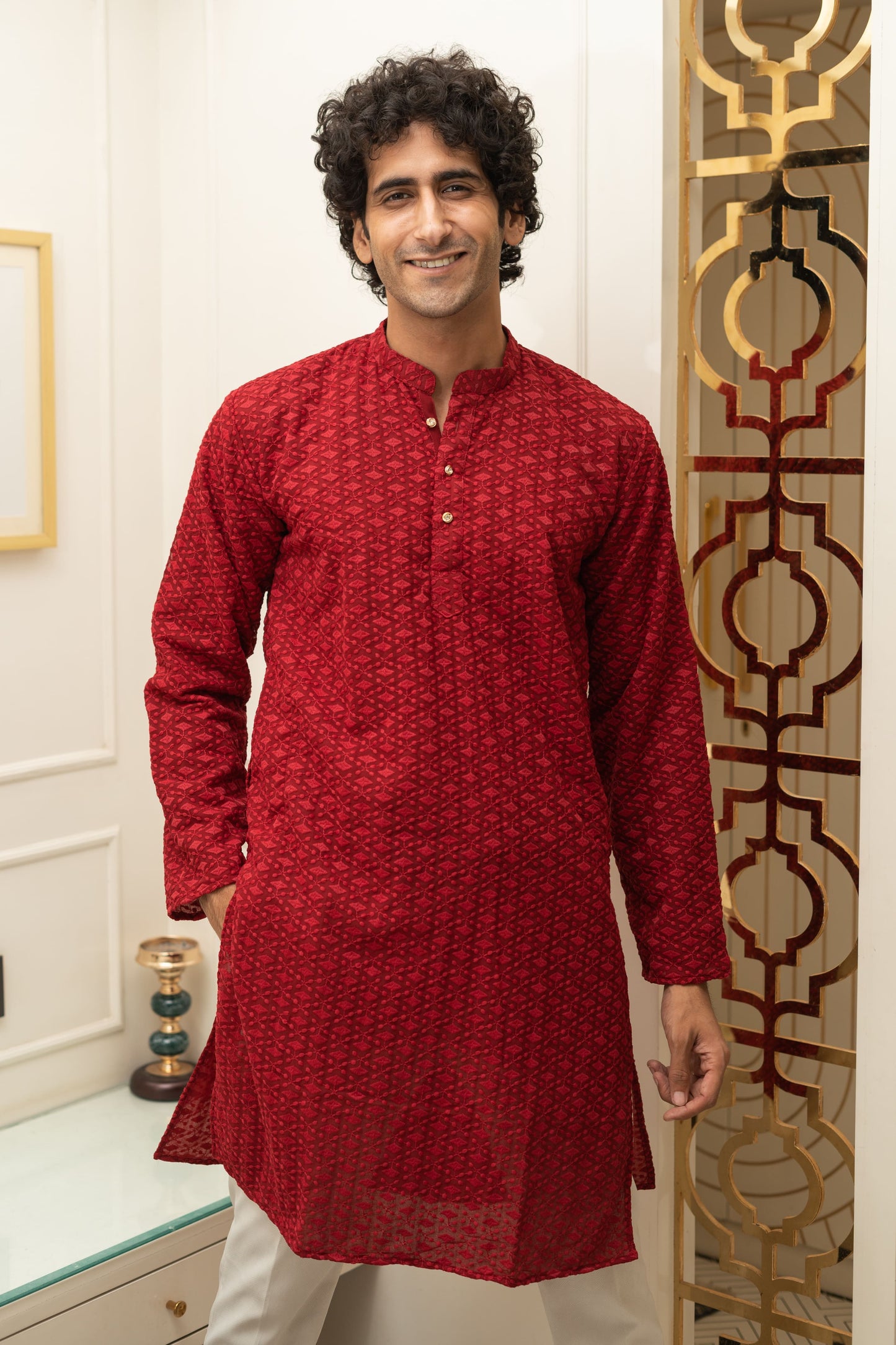 The Maroon Chikan Kari Long Kurta