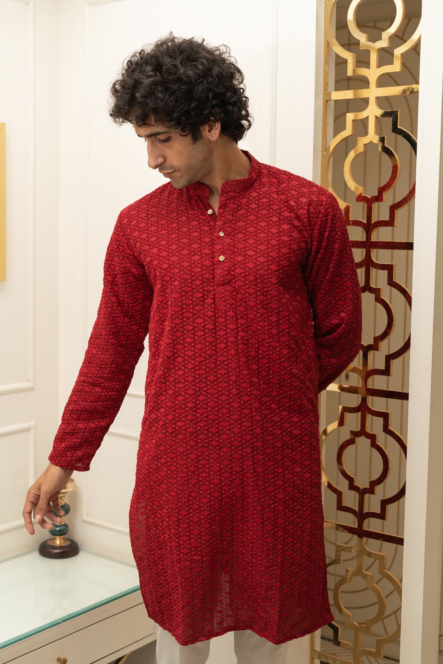 The Maroon Chikan Kari Long Kurta