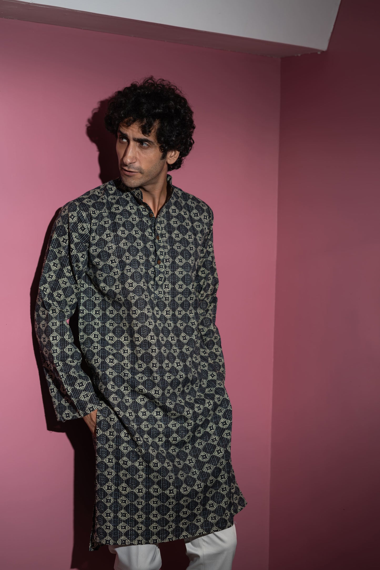 The Black And Lime Yellow Geometric Print Long Kurta With Kantha Work