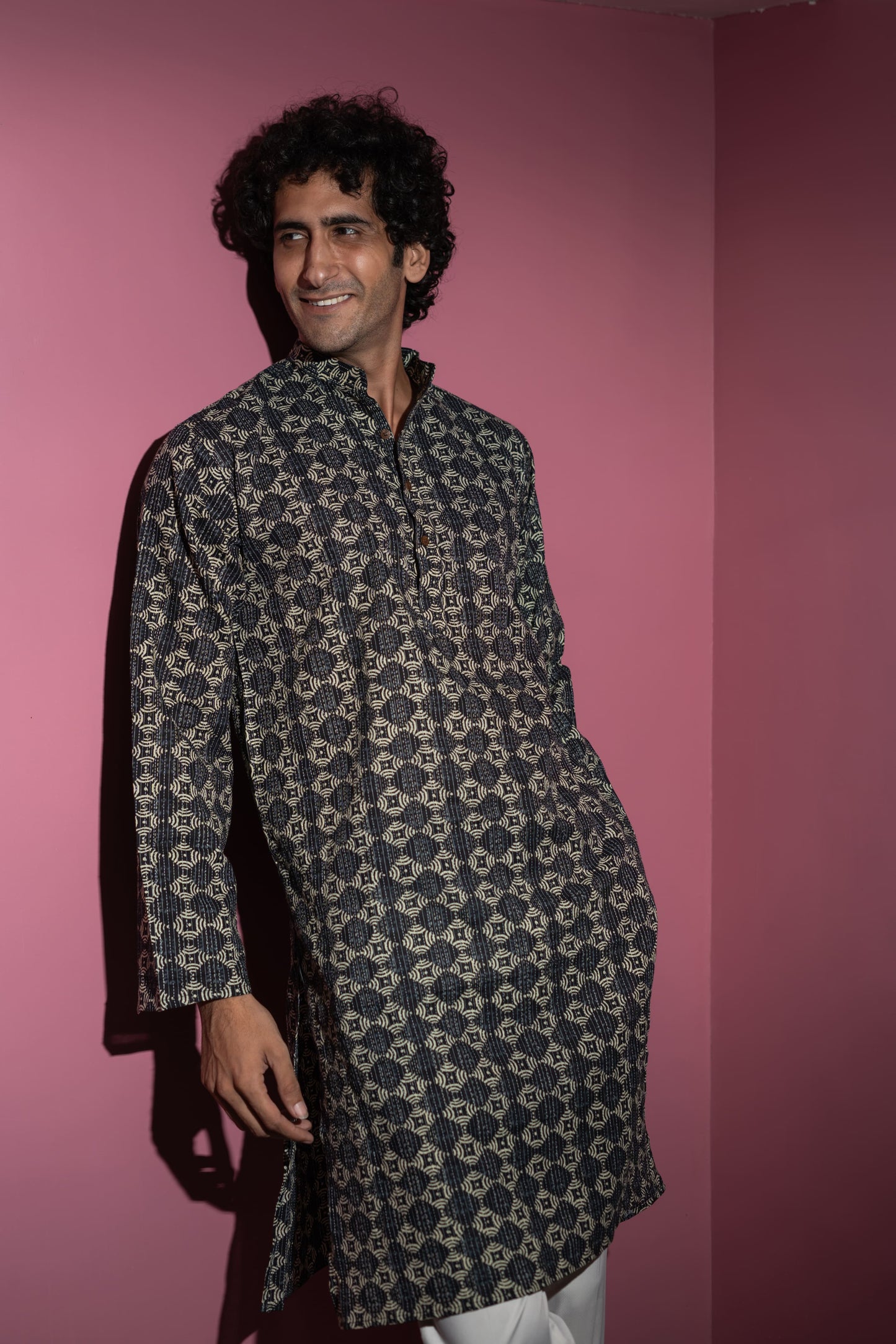 The Black And Lime Yellow Geometric Print Long Kurta With Kantha Work